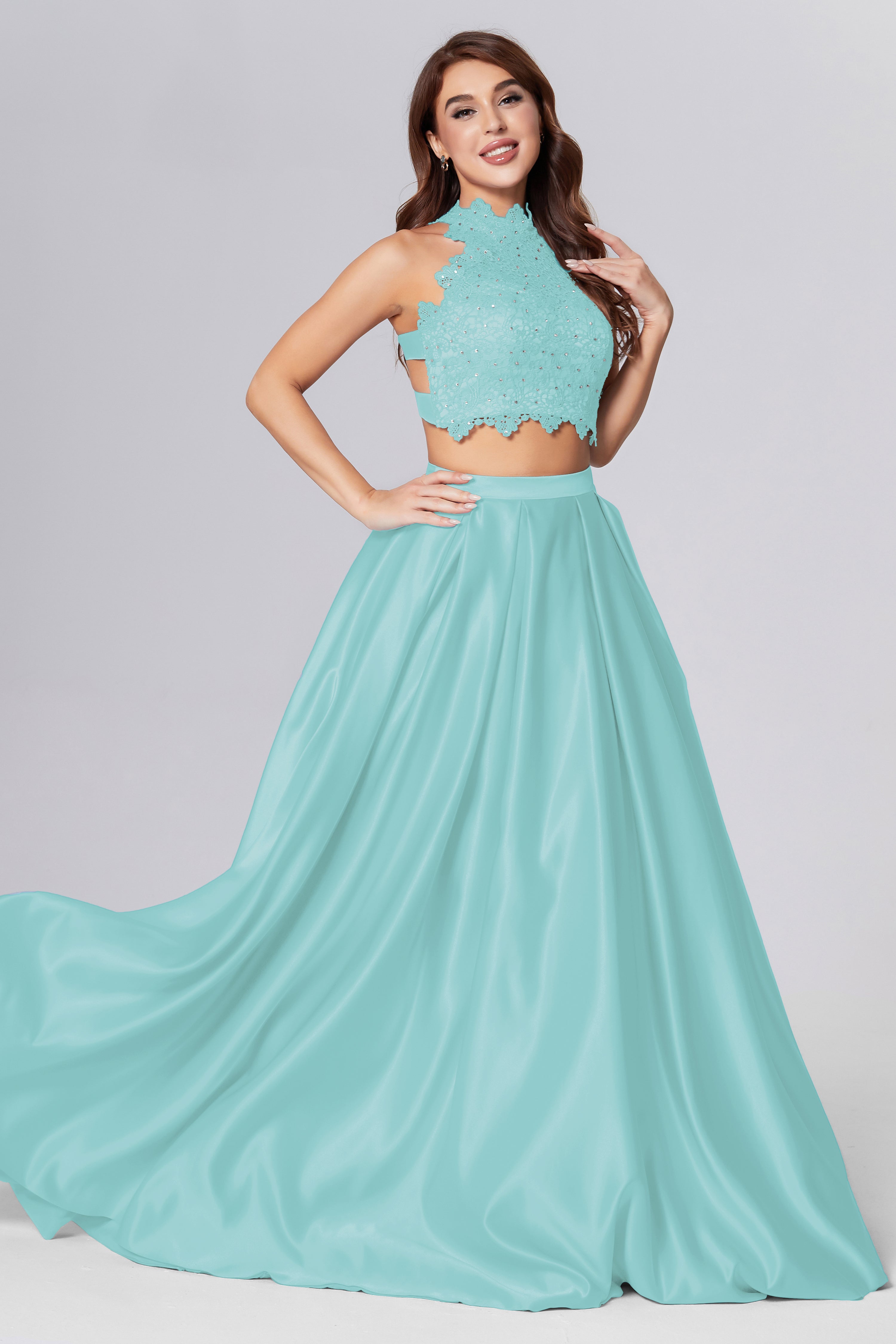 Halter 2-Piece Sleeveless Prom Dresses