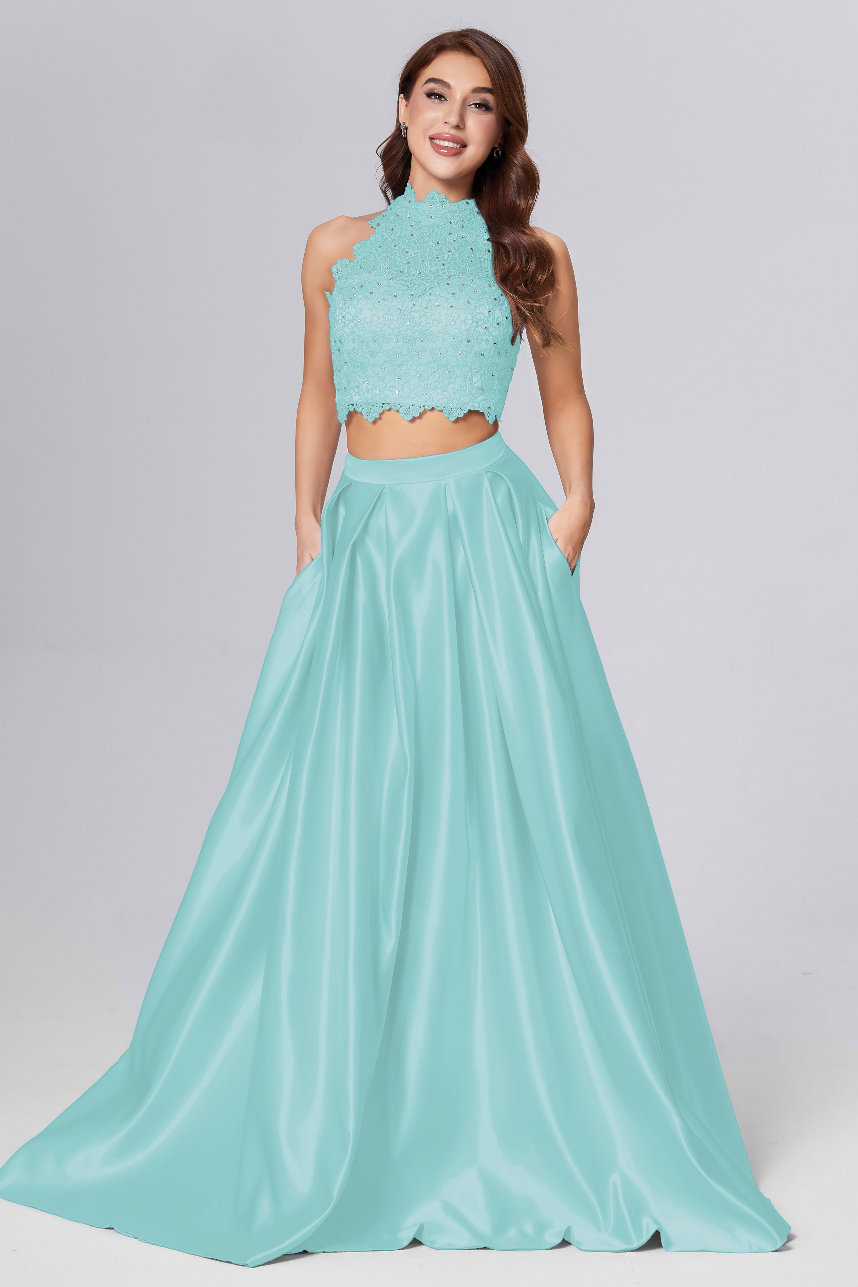 Halter 2-Piece Sleeveless Prom Dresses