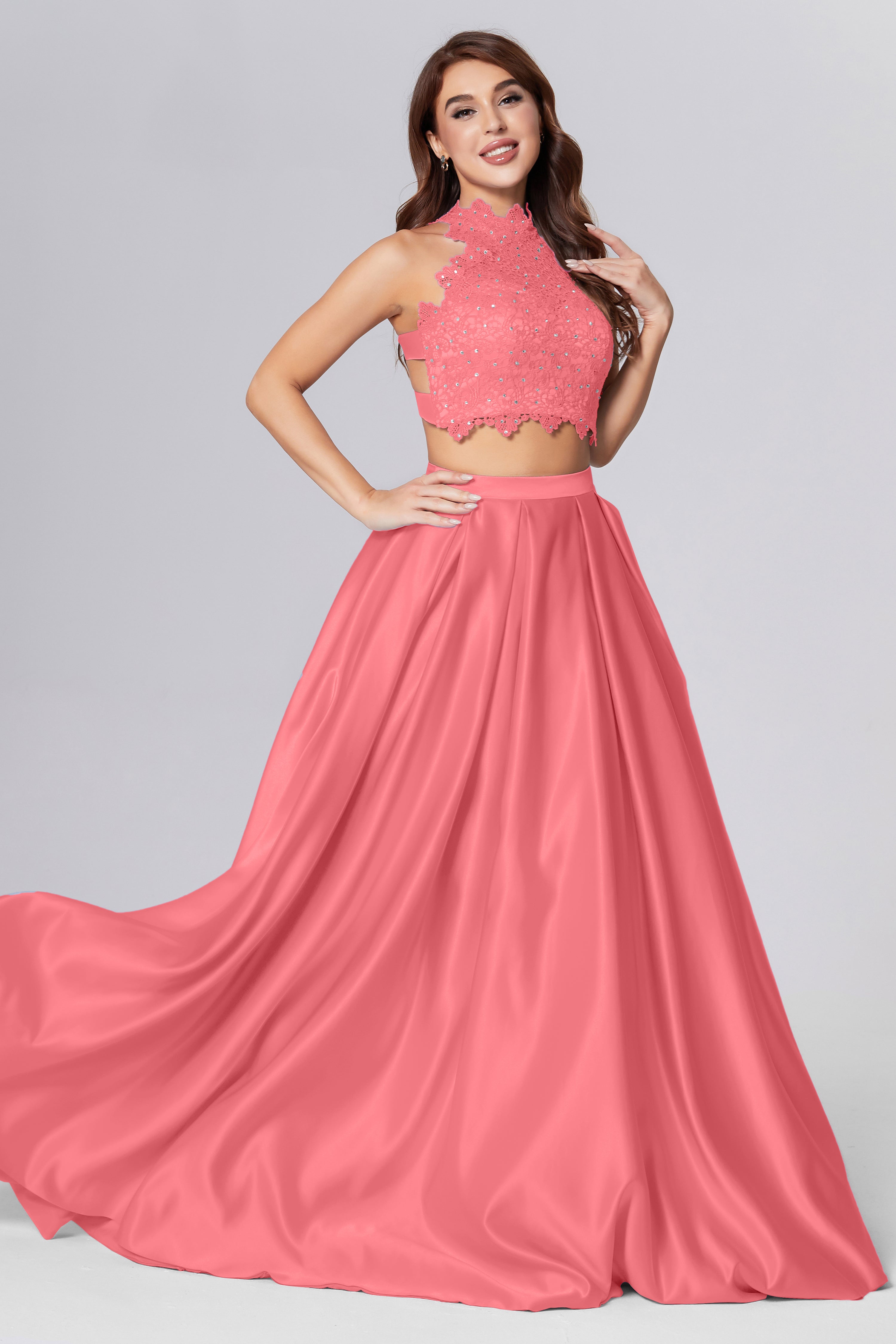 Halter 2-Piece Sleeveless Prom Dresses