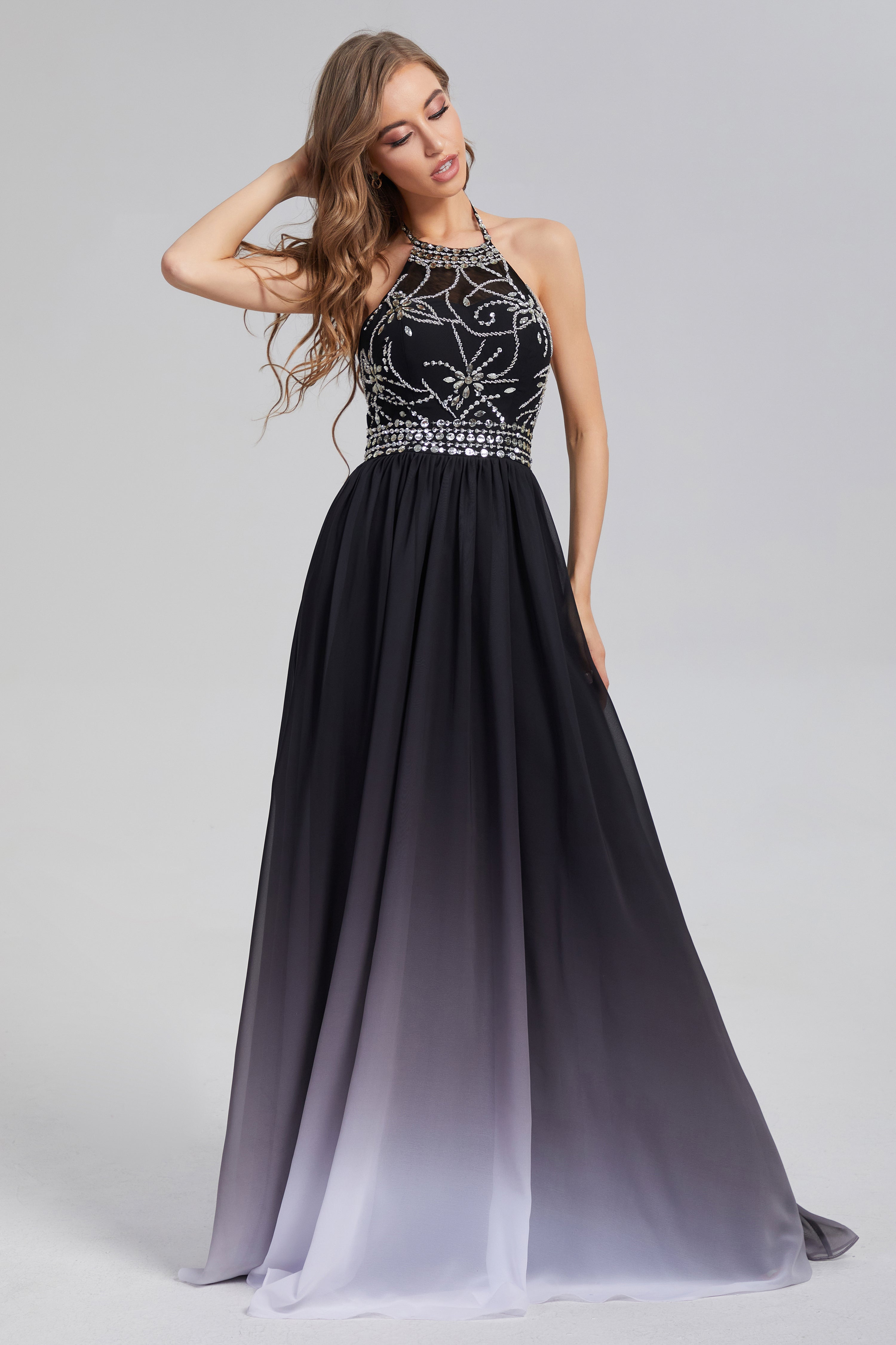 Halter Beading Ombre Chiffon Prom Dresses