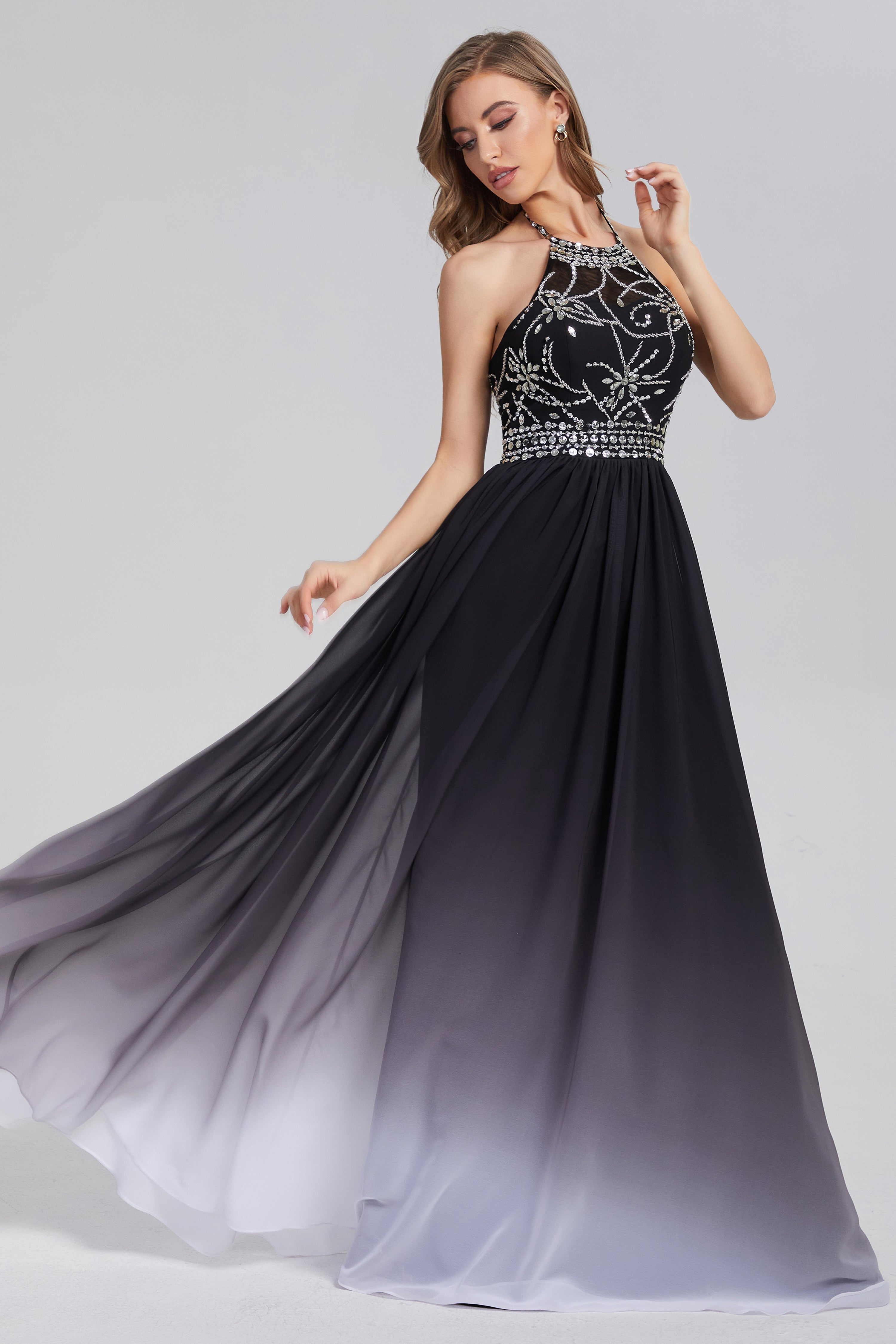 Halter Beading Ombre Chiffon Prom Dresses