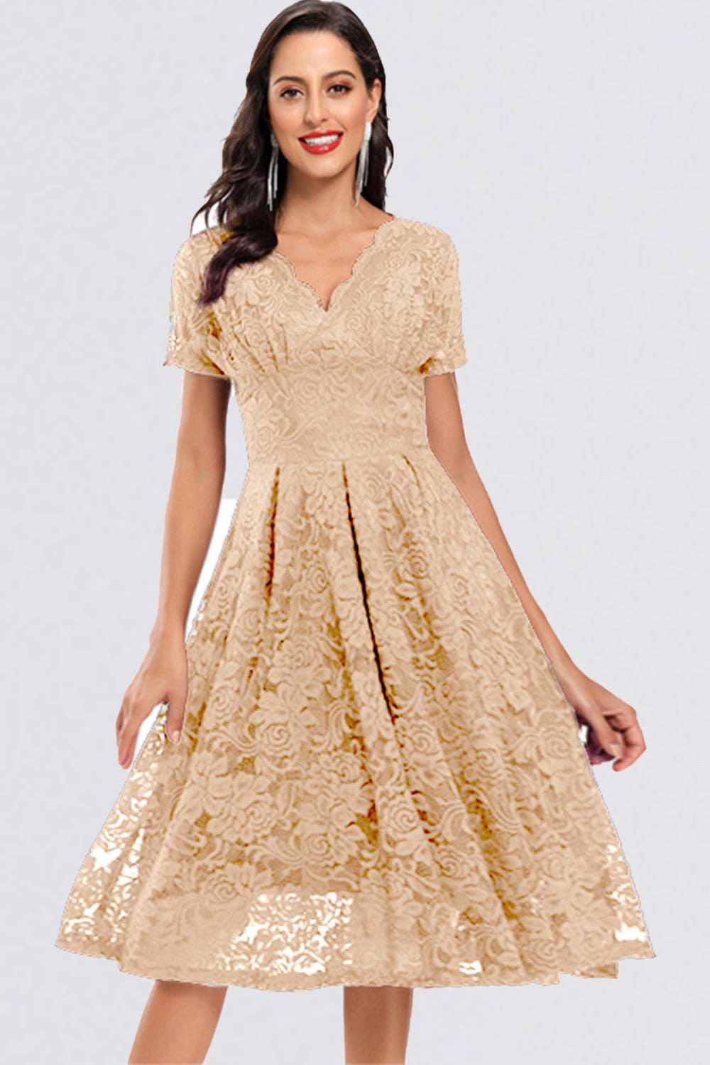 Knee-Length V-neck Lace Vintage Dresses
