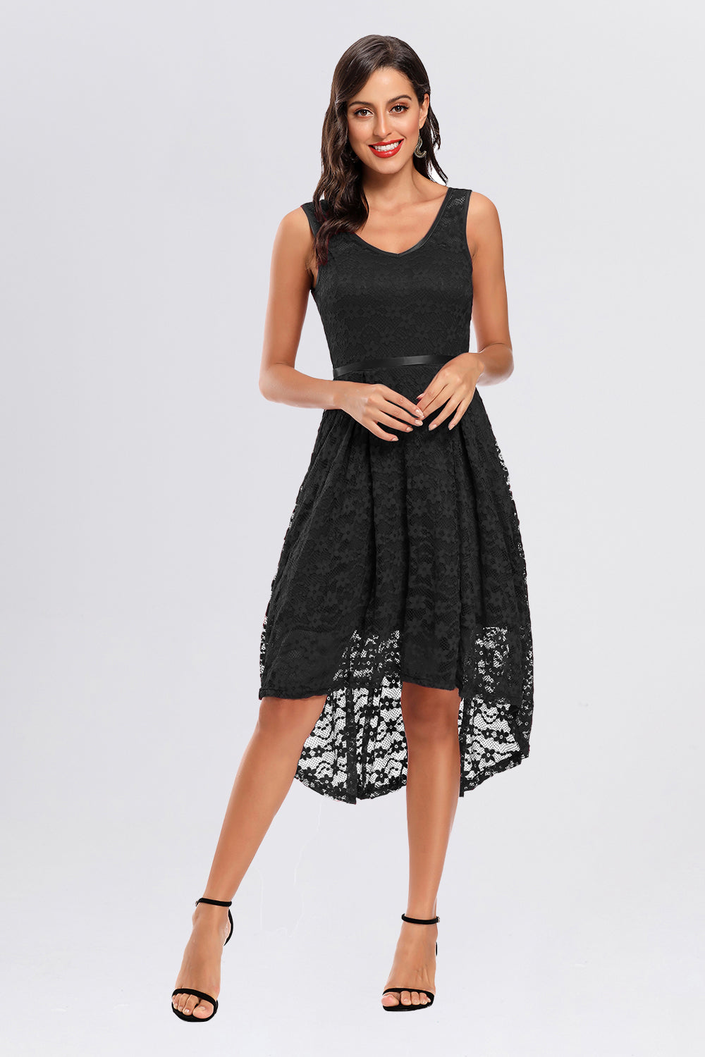 Black lace high low dress cheap