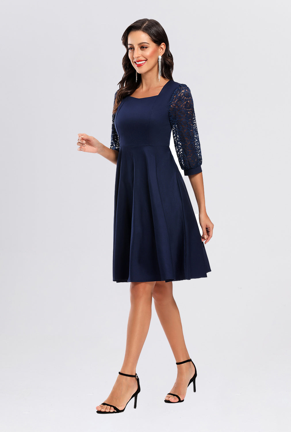 Lace Square Neck 3/4 Latern Sleeve Homecoming Dresses