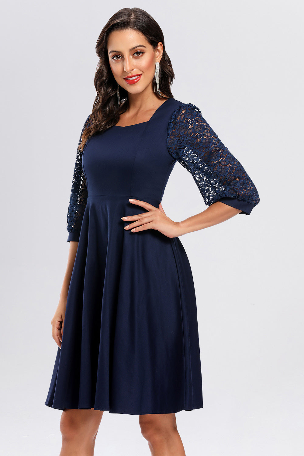 Lace Square Neck 3/4 Latern Sleeve Homecoming Dresses