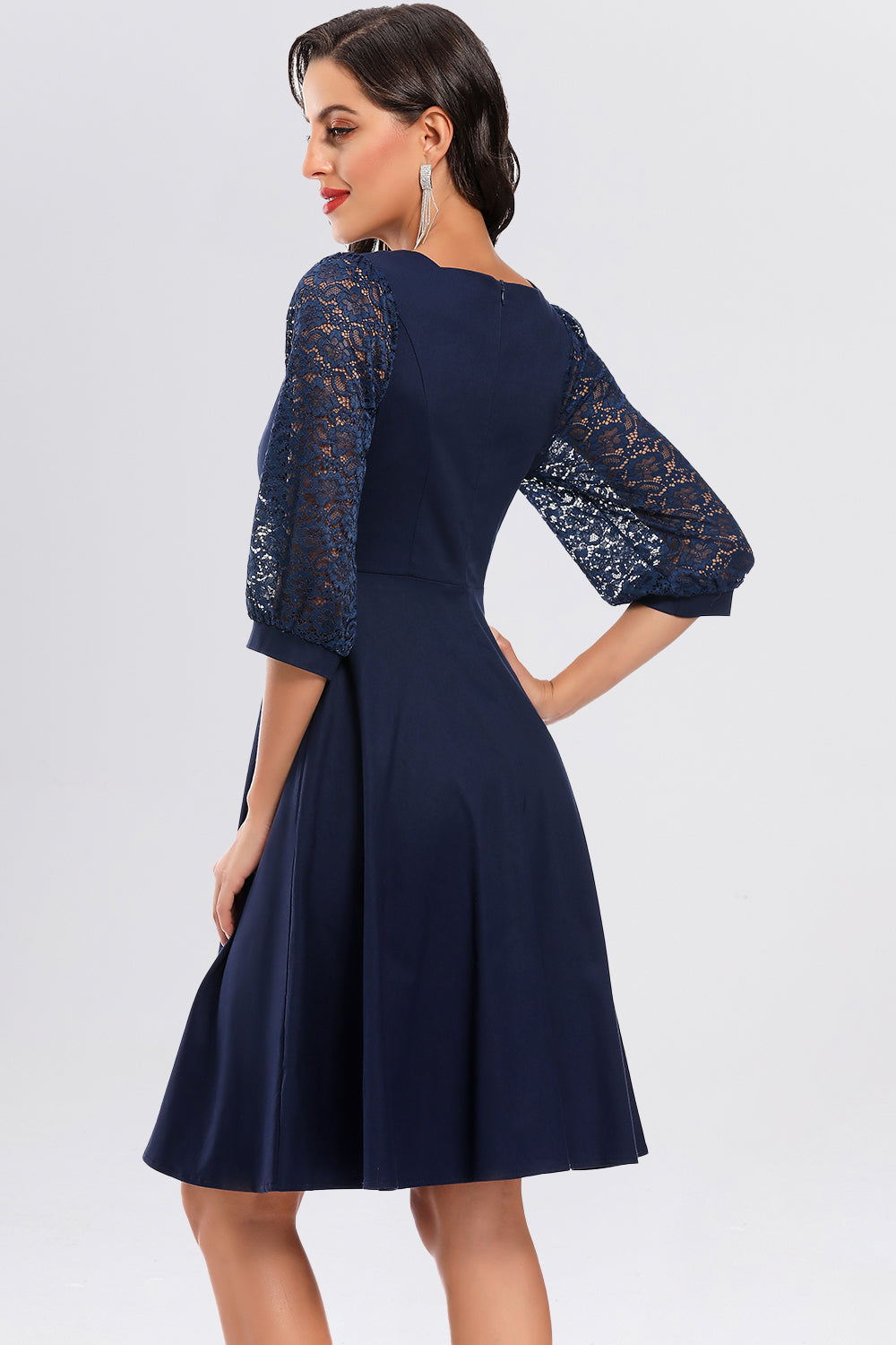 Lace Square Neck 3/4 Latern Sleeve Homecoming Dresses