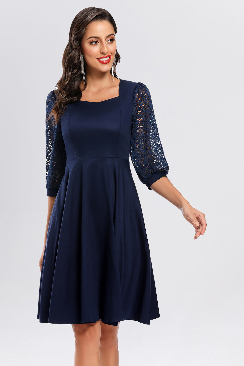 Lace Square Neck 3/4 Latern Sleeve Homecoming Dresses