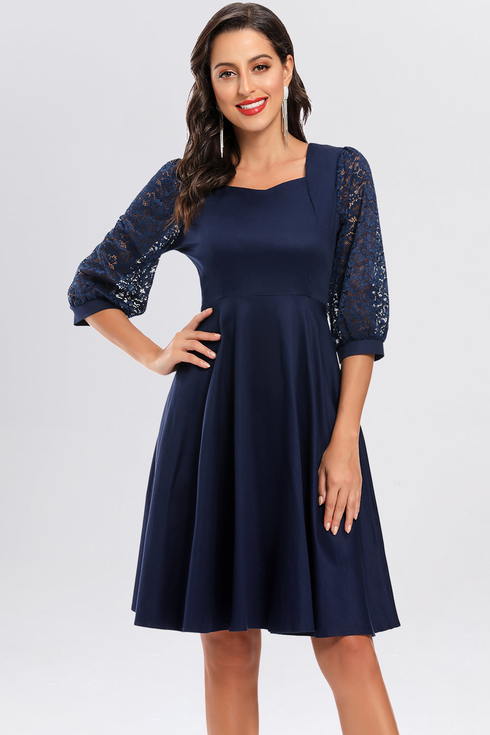 Lace Square Neck 3/4 Latern Sleeve Homecoming Dresses