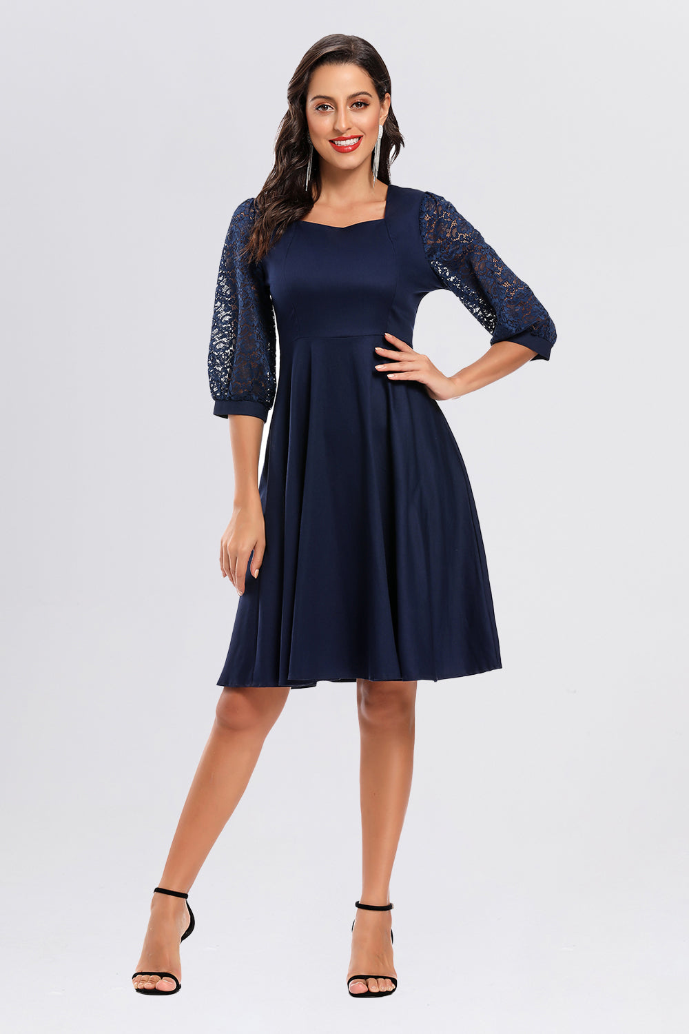 Lace Square Neck 3/4 Latern Sleeve Homecoming Dresses