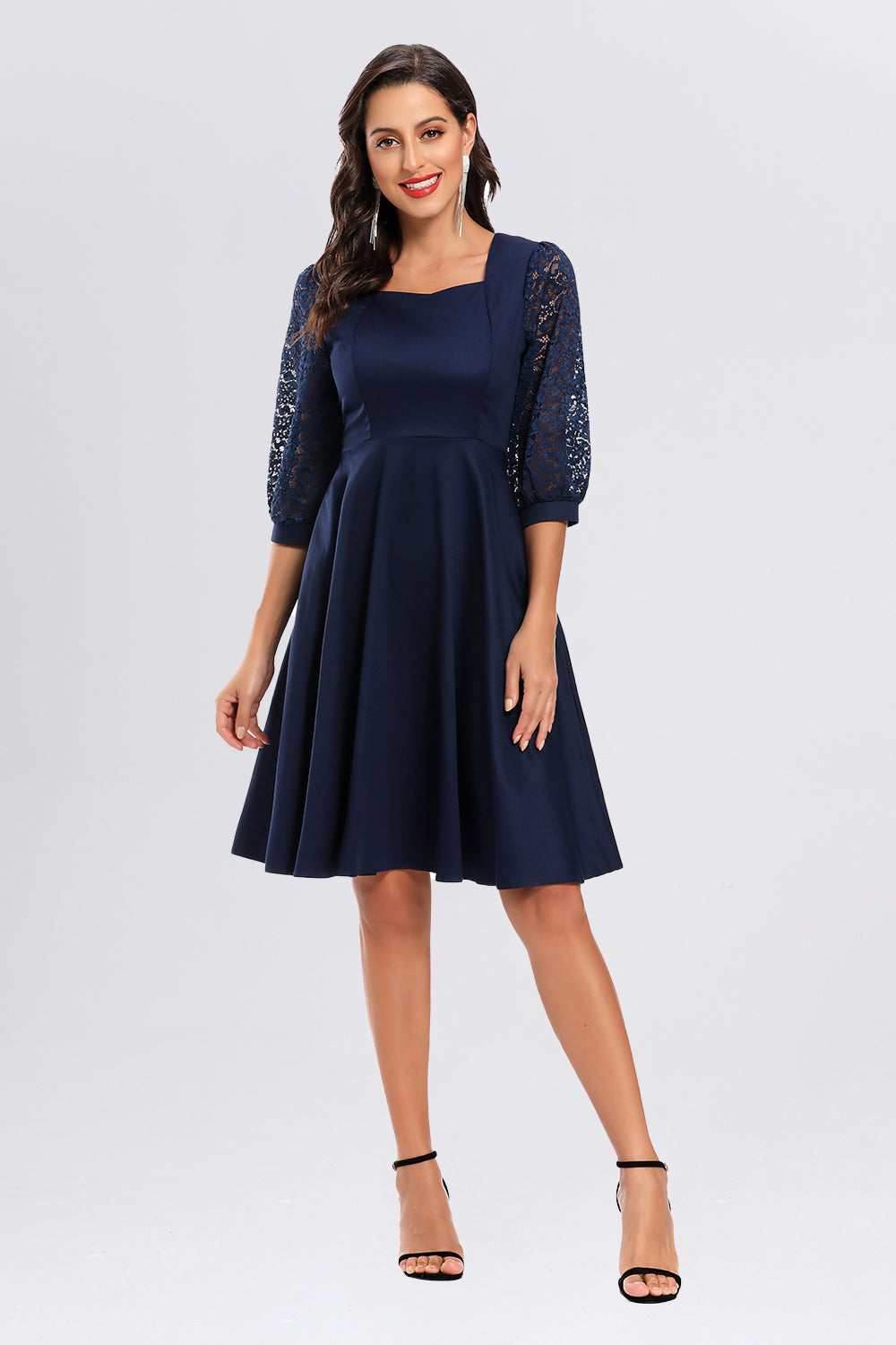 Lace Square Neck 3/4 Latern Sleeve Homecoming Dresses