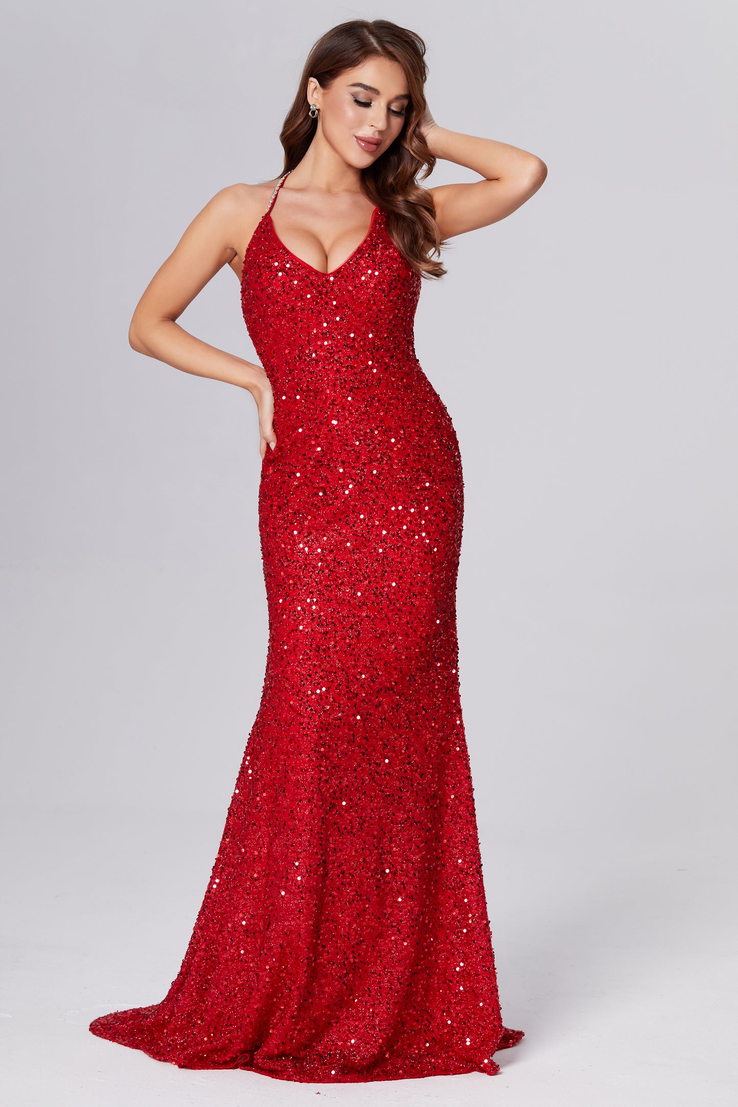 Mermaid Sequins Halter Prom Dresses with Trailing