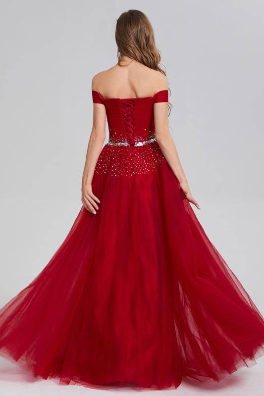 Off the Shoulder Beading Pleating Prom Dresses