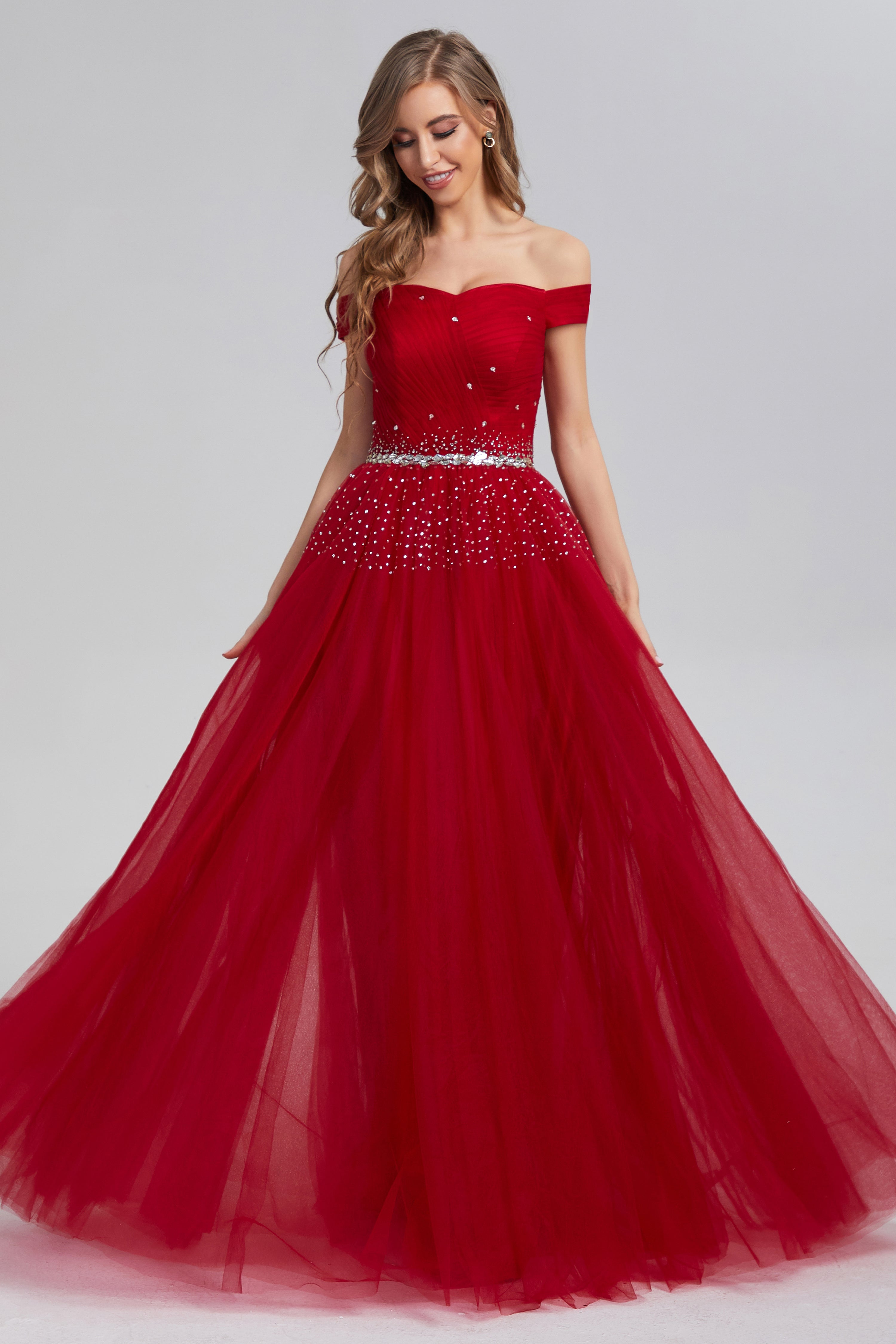 Off the Shoulder Beading Pleating Prom Dresses