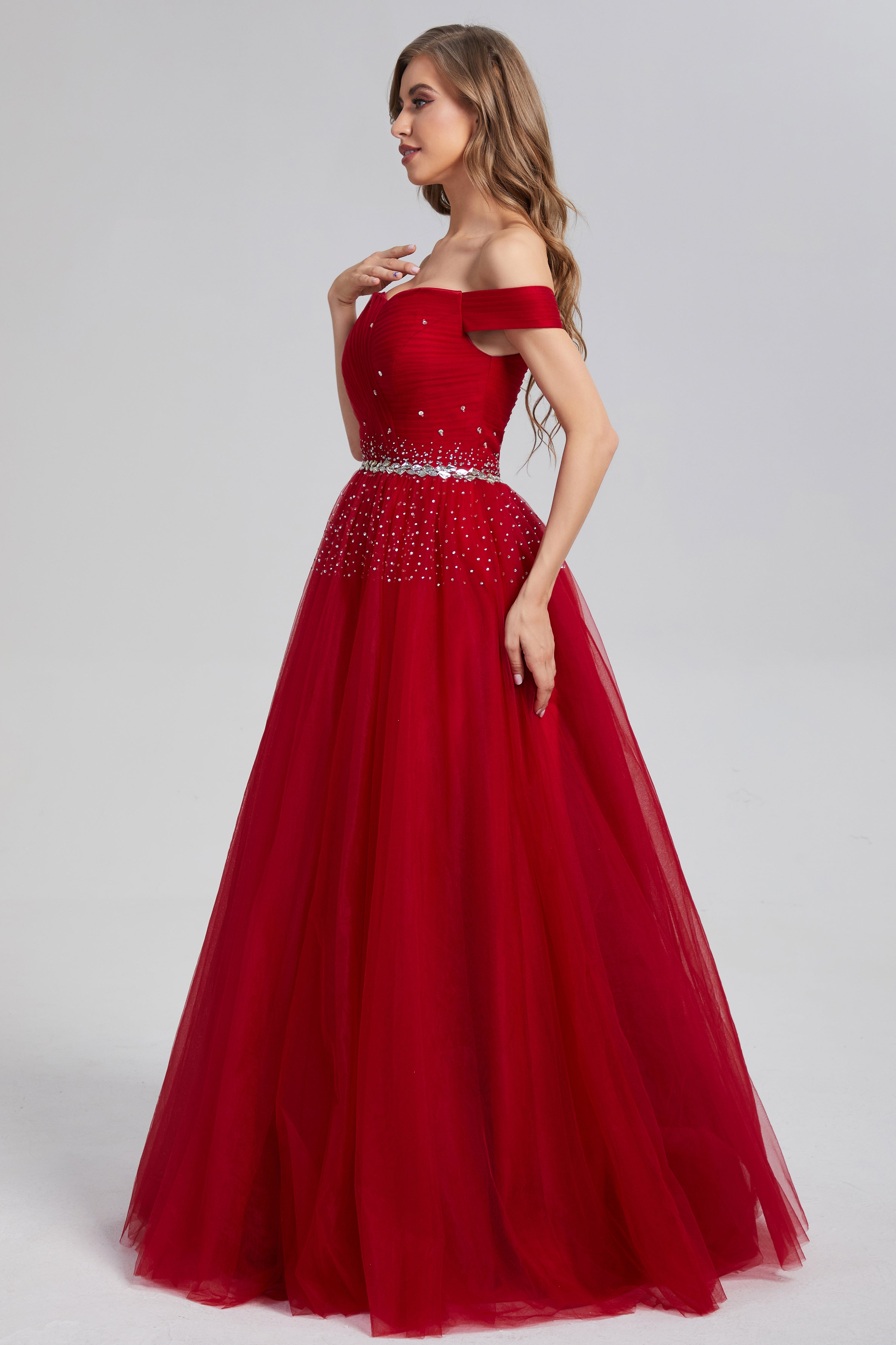 Off the Shoulder Beading Pleating Prom Dresses