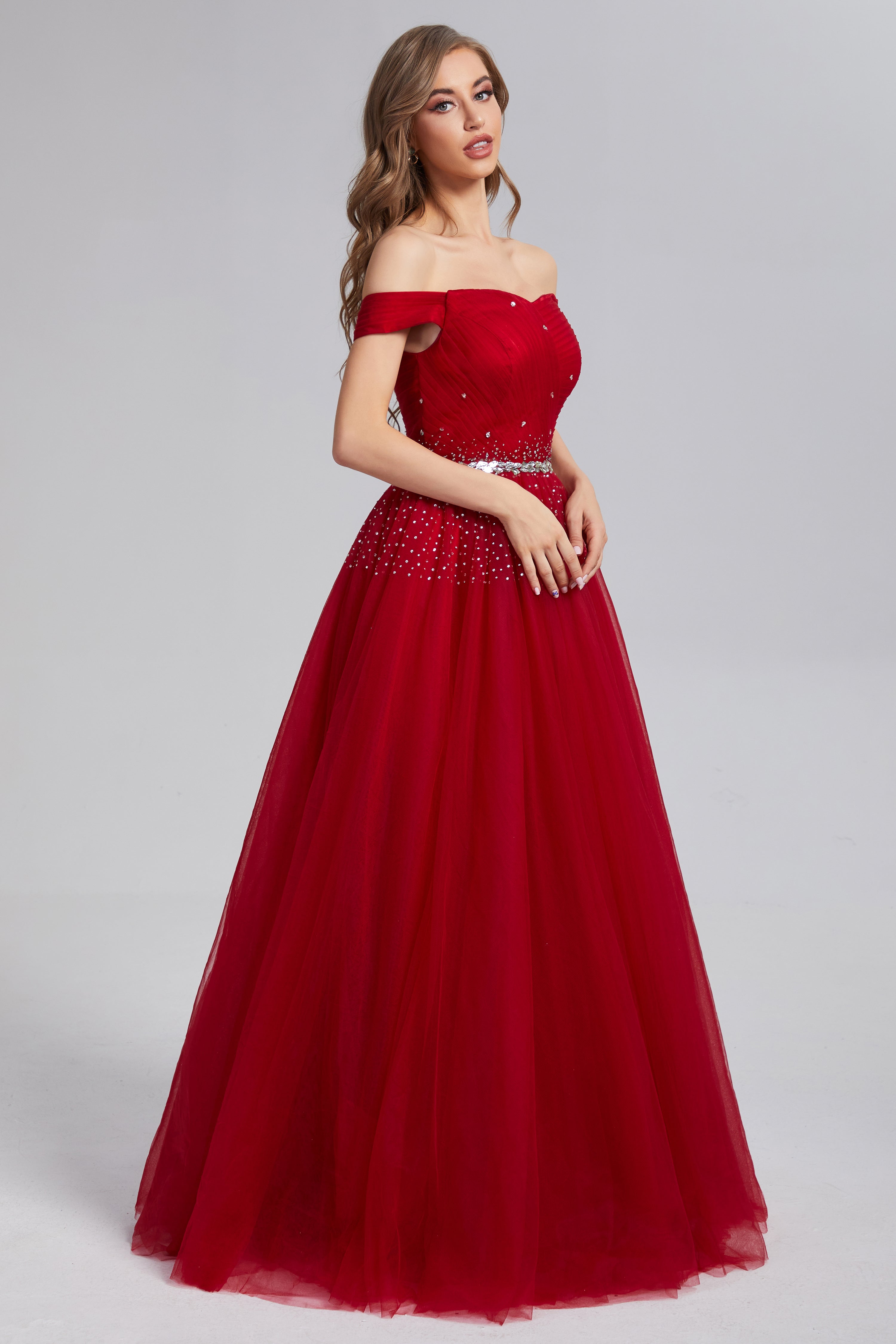 Off the Shoulder Beading Pleating Prom Dresses