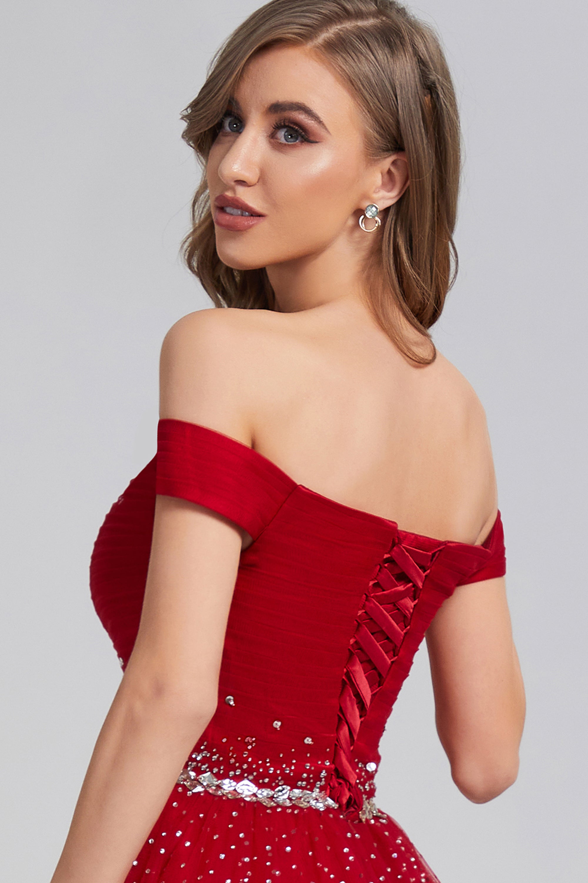 Off the Shoulder Beading Pleating Prom Dresses