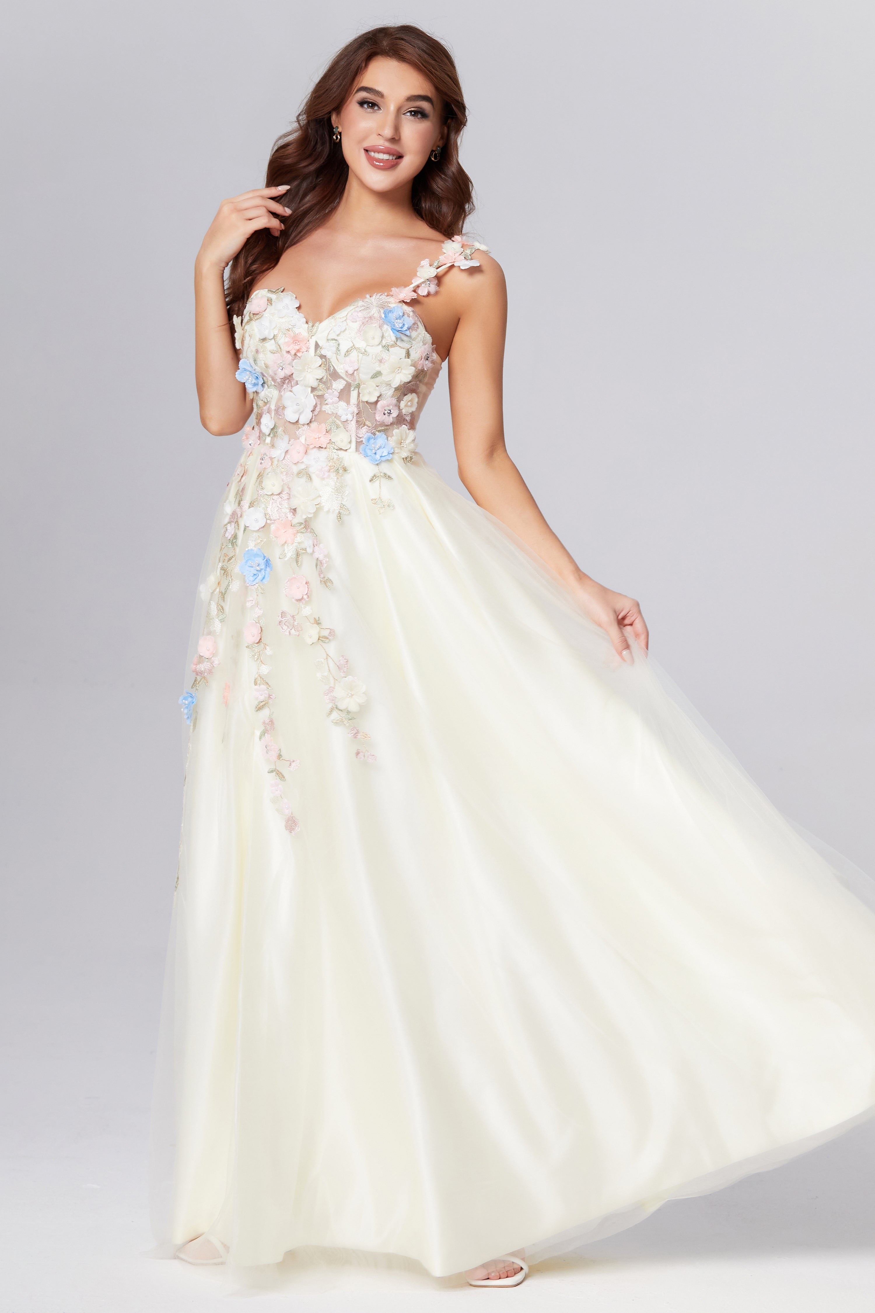 One Shoulder Appliques Split Prom Dresses