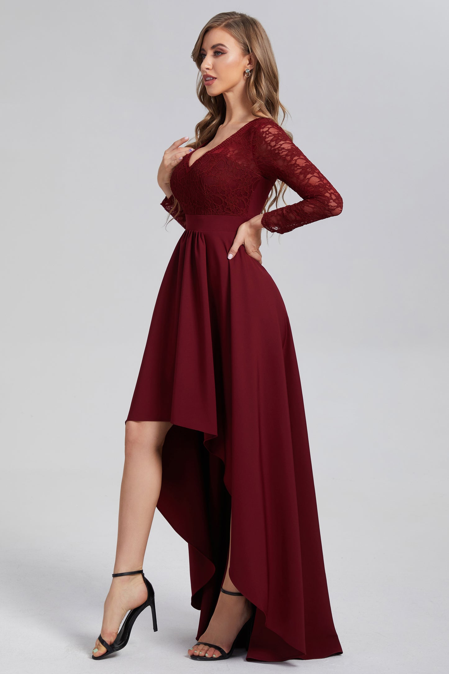 Open Back High Low Long Sleeve Prom Dresses