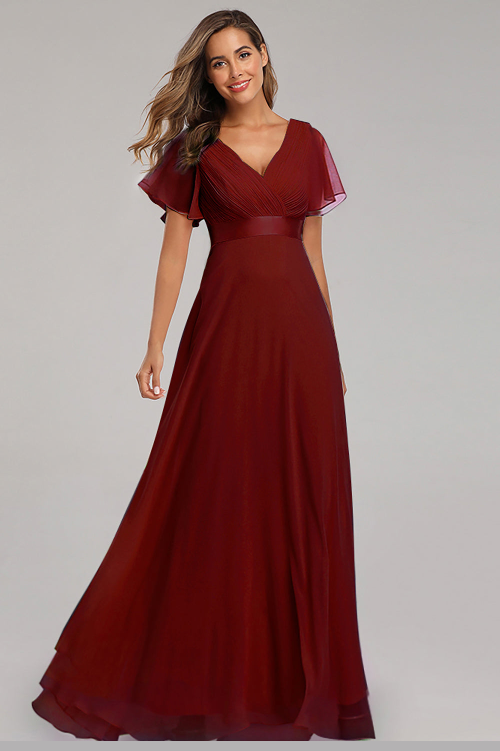 Pleating Ruffles Sleeve Chiffon Prom Dresses