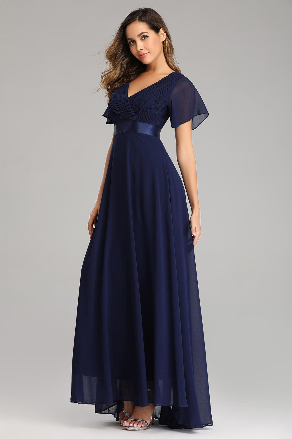 Pleating Ruffles Sleeve Chiffon Prom Dresses