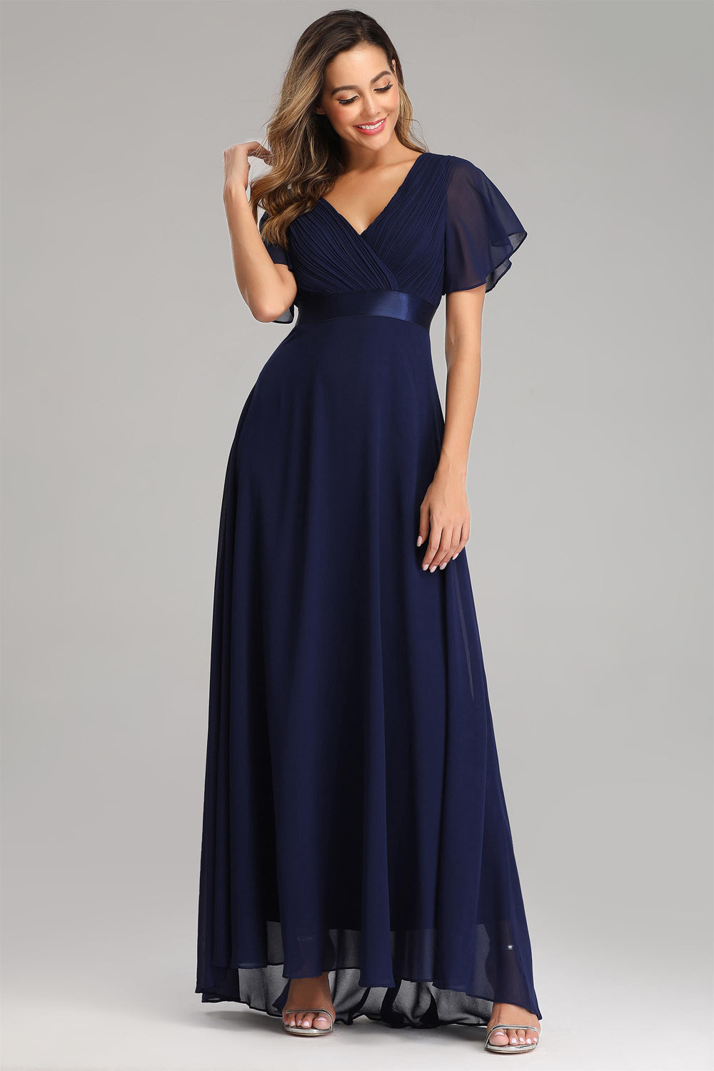 Pleating Ruffles Sleeve Chiffon Prom Dresses