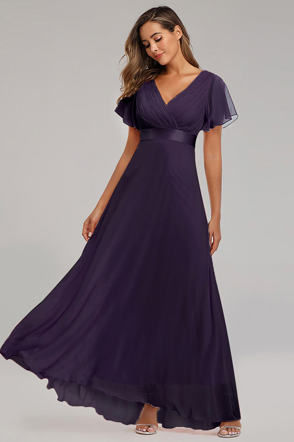 Pleating Ruffles Sleeve Chiffon Prom Dresses