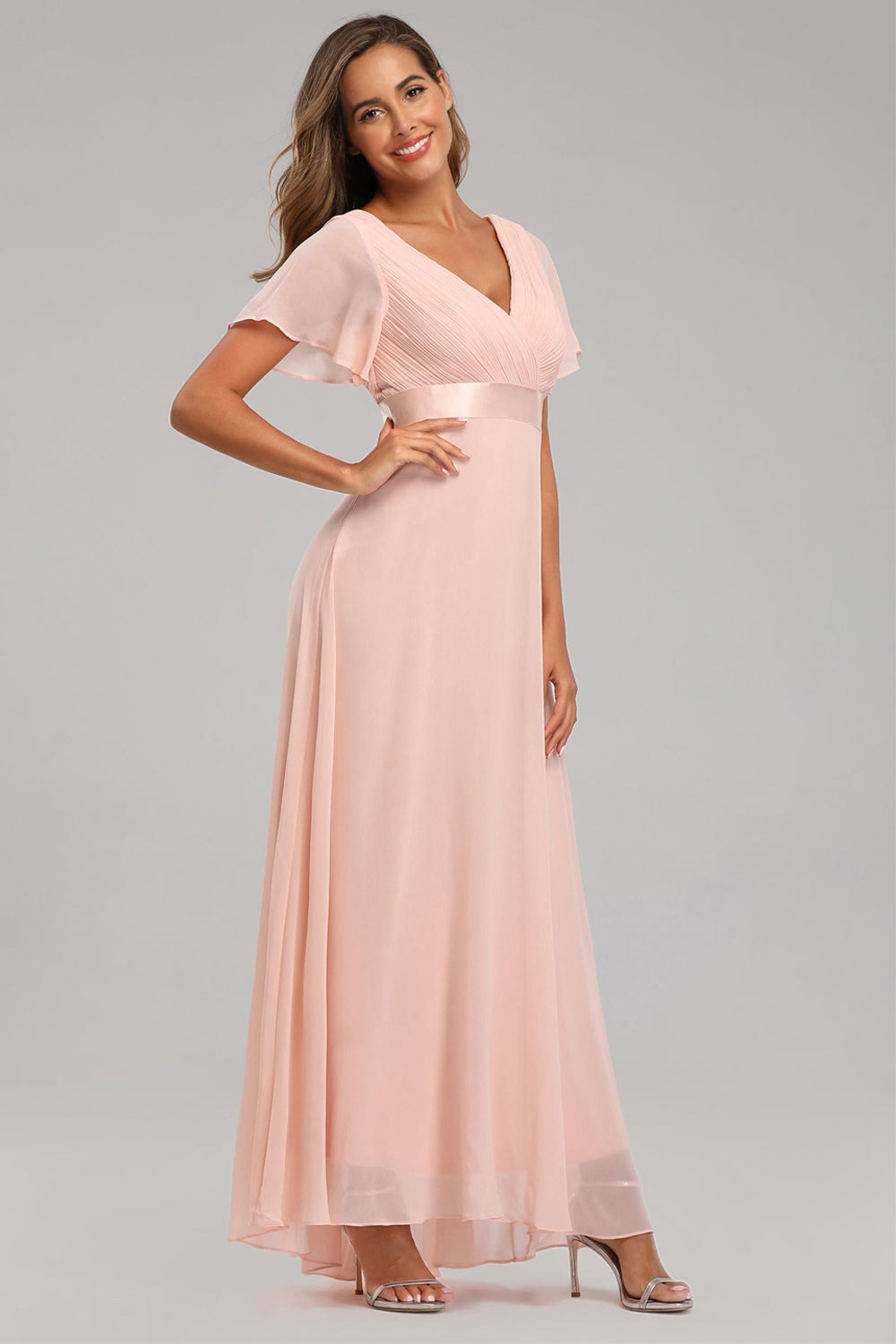 Pleating Ruffles Sleeve Chiffon Prom Dresses