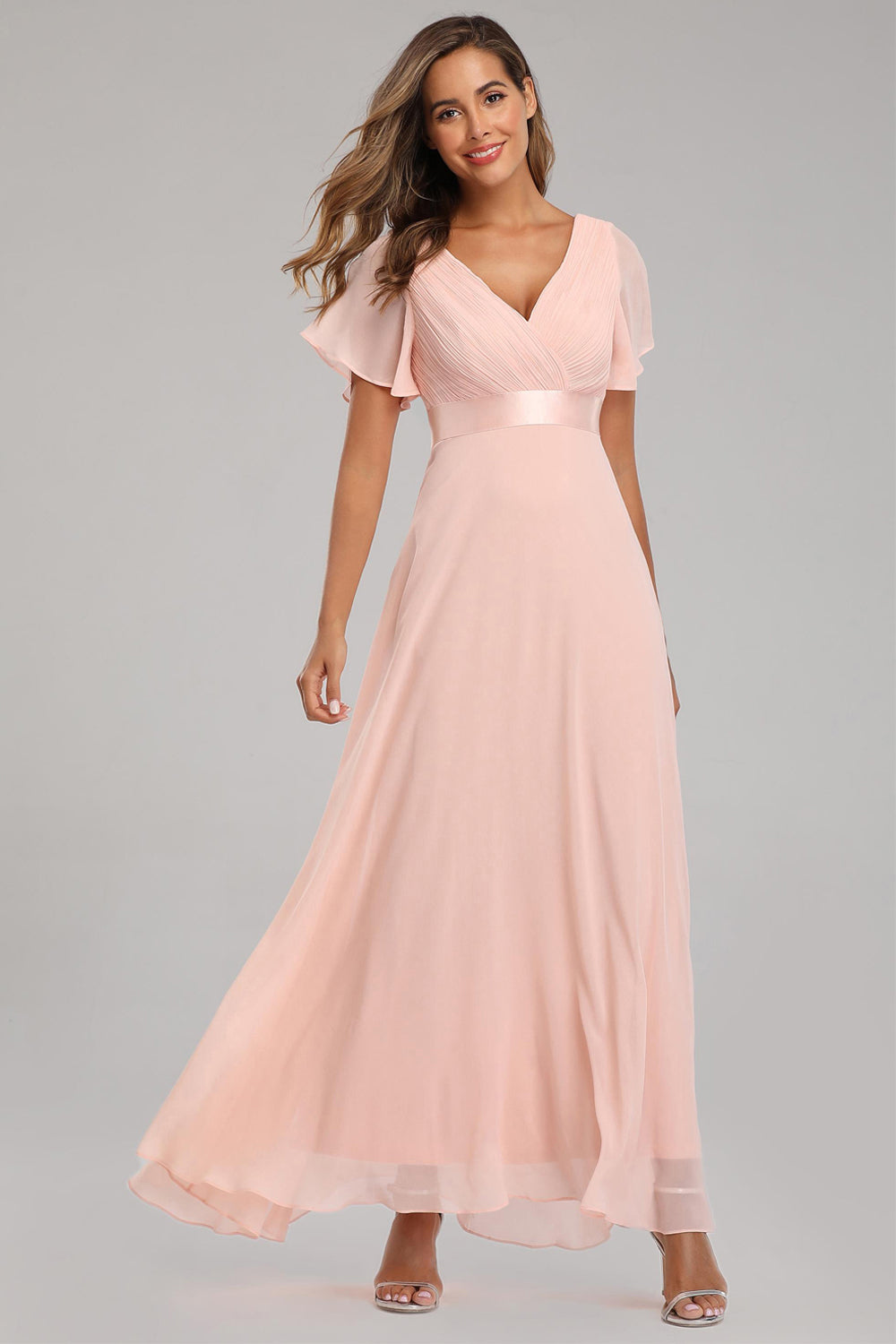 Pleating Ruffles Sleeve Chiffon Prom Dresses