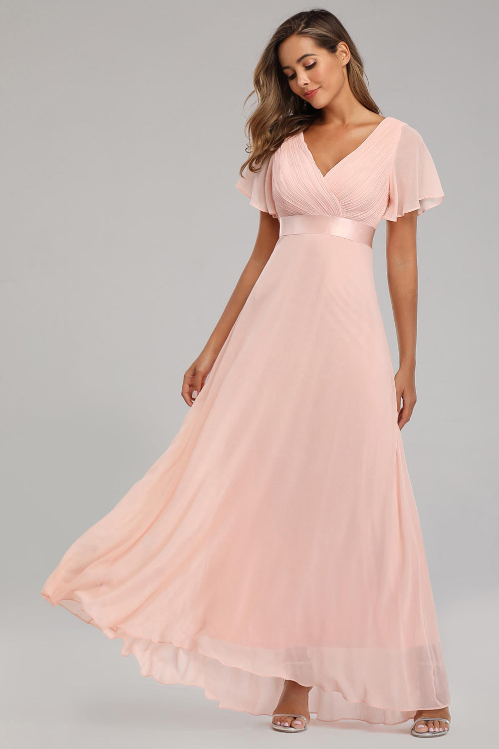 Pleating Ruffles Sleeve Chiffon Prom Dresses