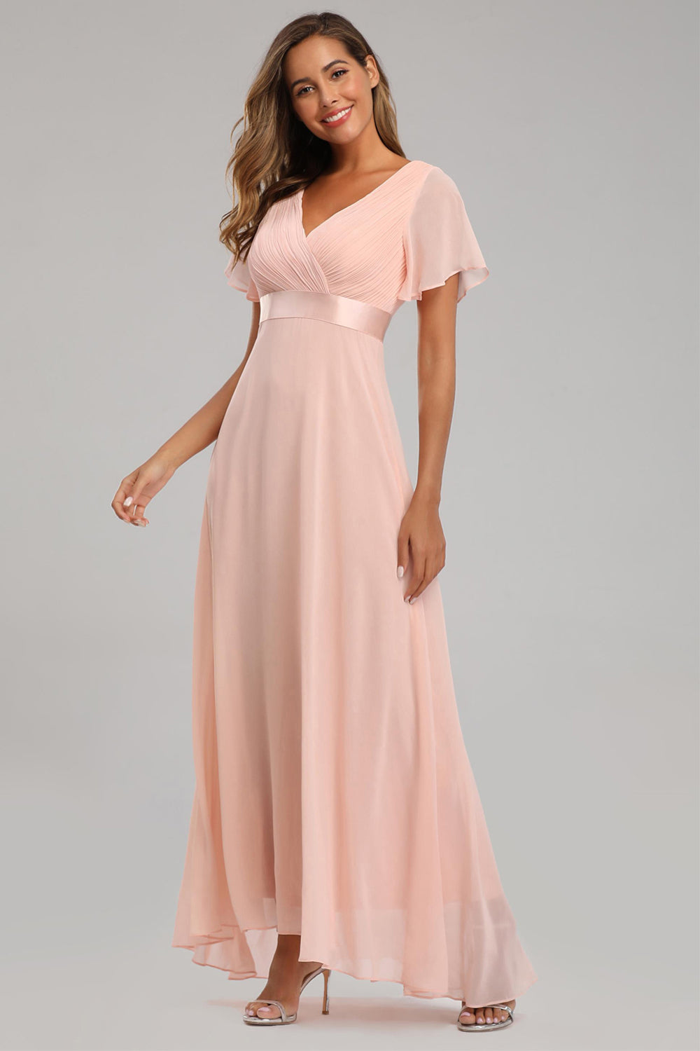 Pleating Ruffles Sleeve Chiffon Prom Dresses