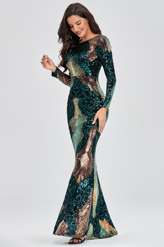 Sexy Backless Sequins Long Sleeve Prom Dresses