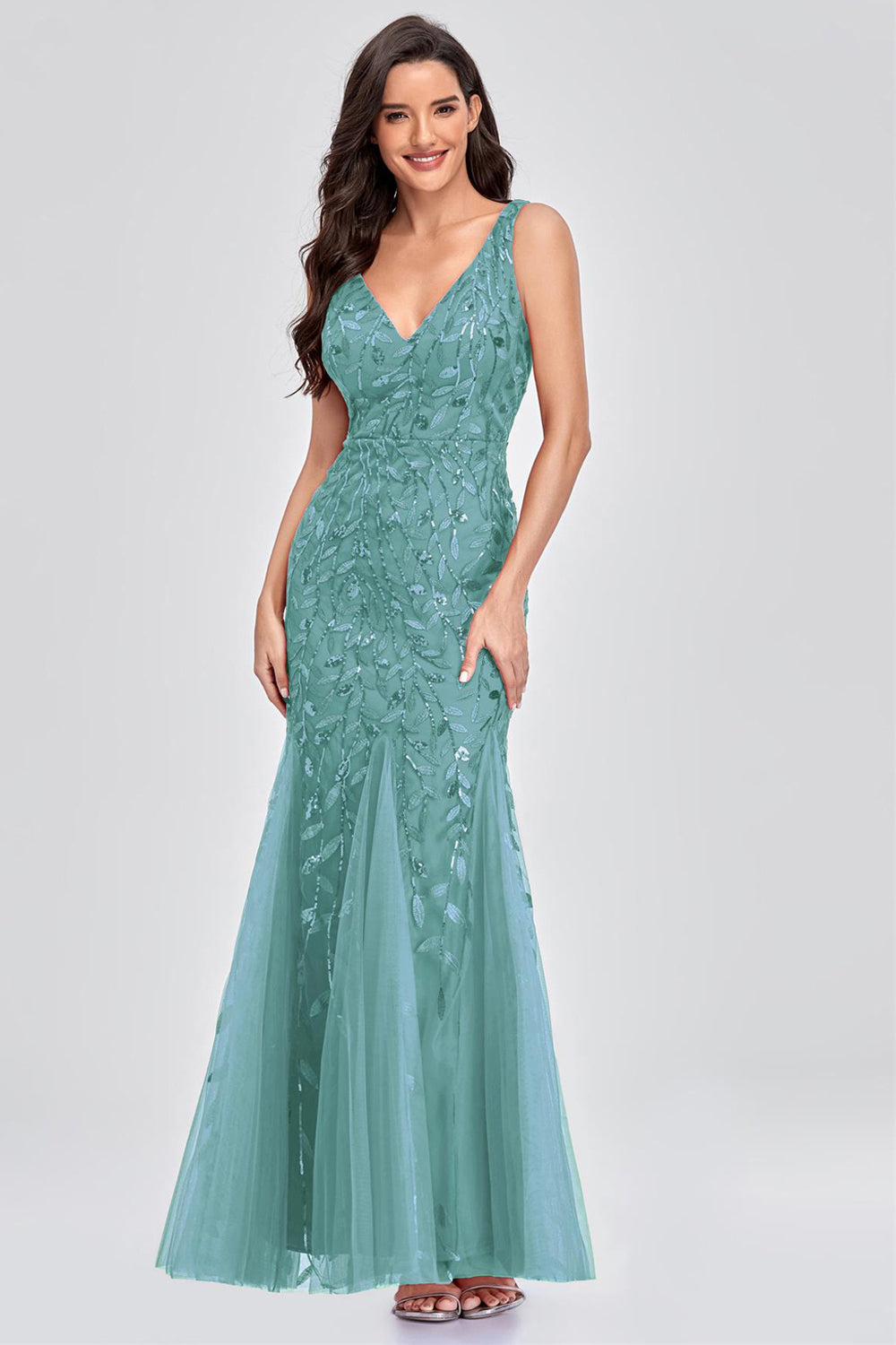 Sexy V-neck Appliques Prom Dresses with Beading