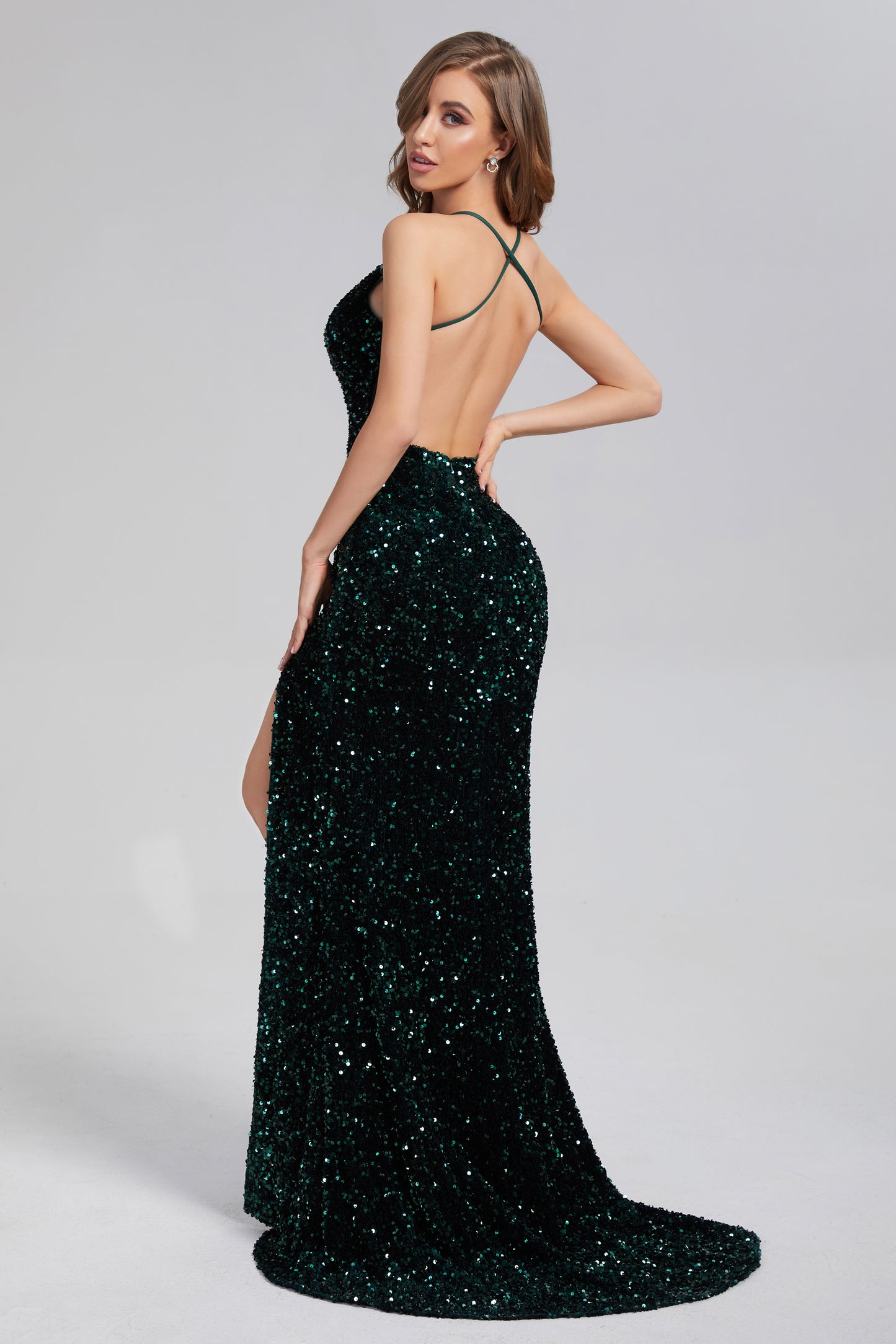 Shinning Sequins V-neck Backless Prom Dresses