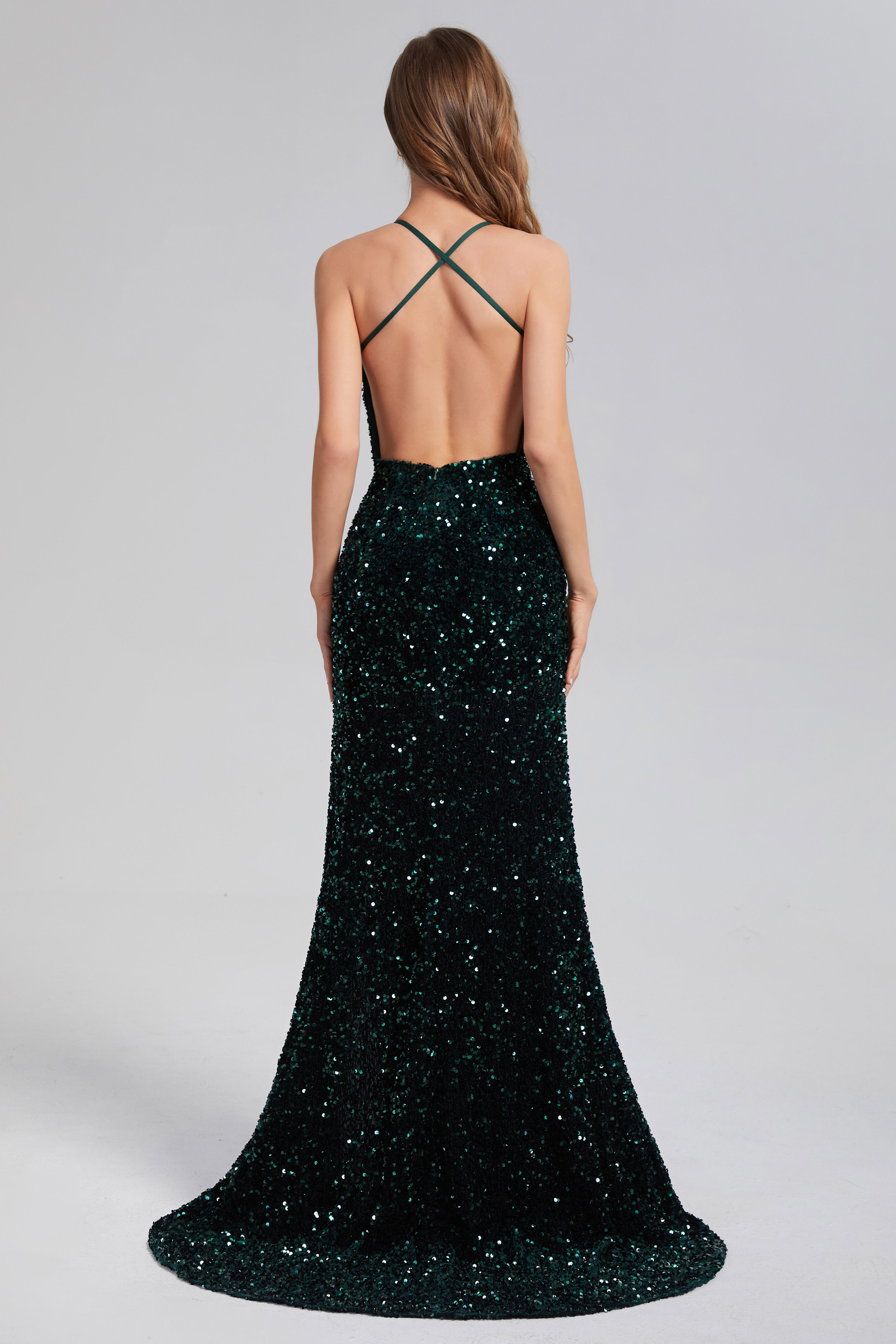 Shinning Sequins V-neck Backless Prom Dresses