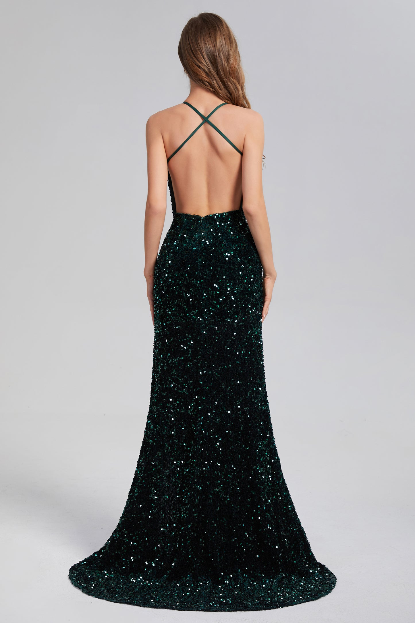 Shinning Sequins V-neck Backless Prom Dresses