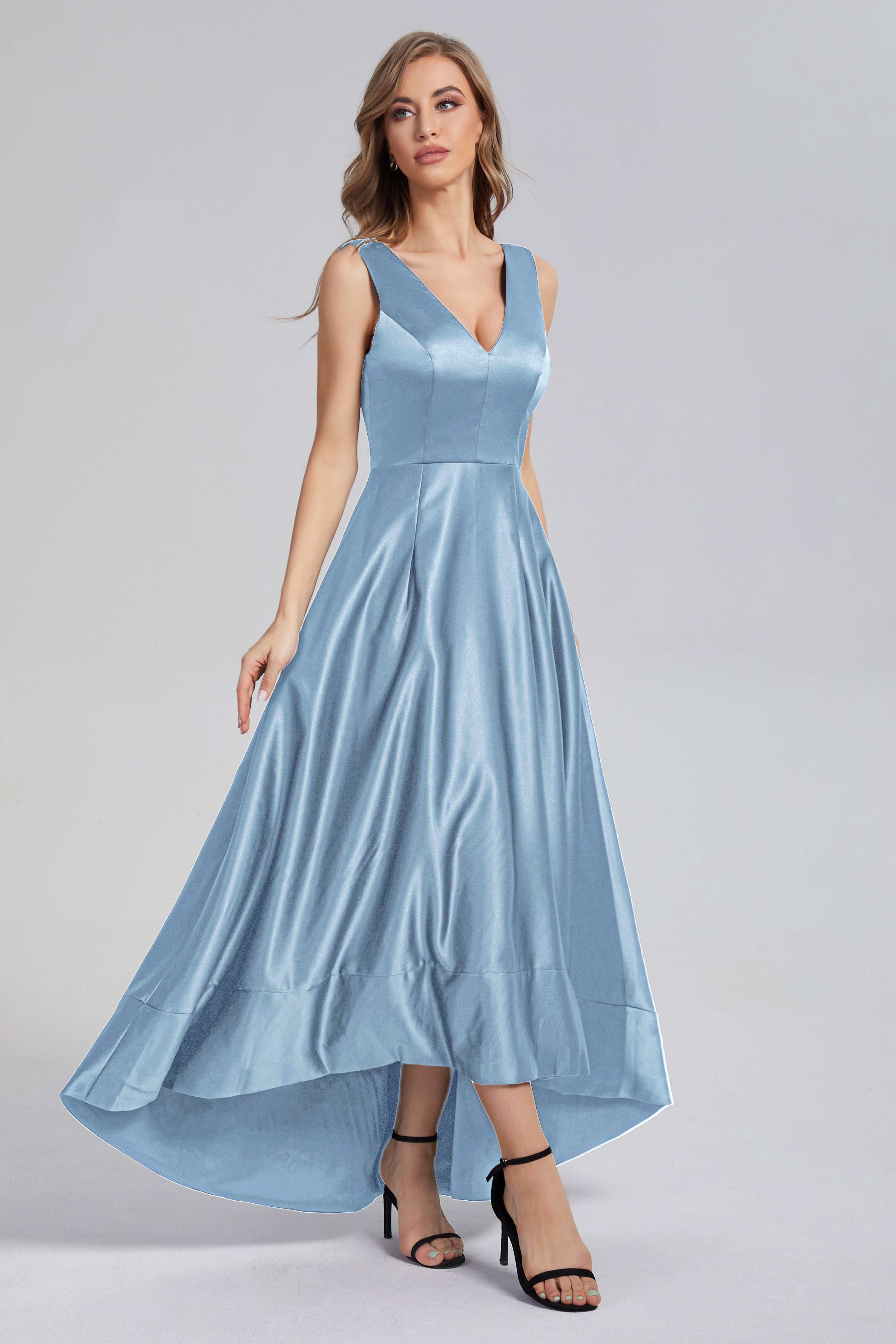 Sleeveless High Low Satin Prom Dresses