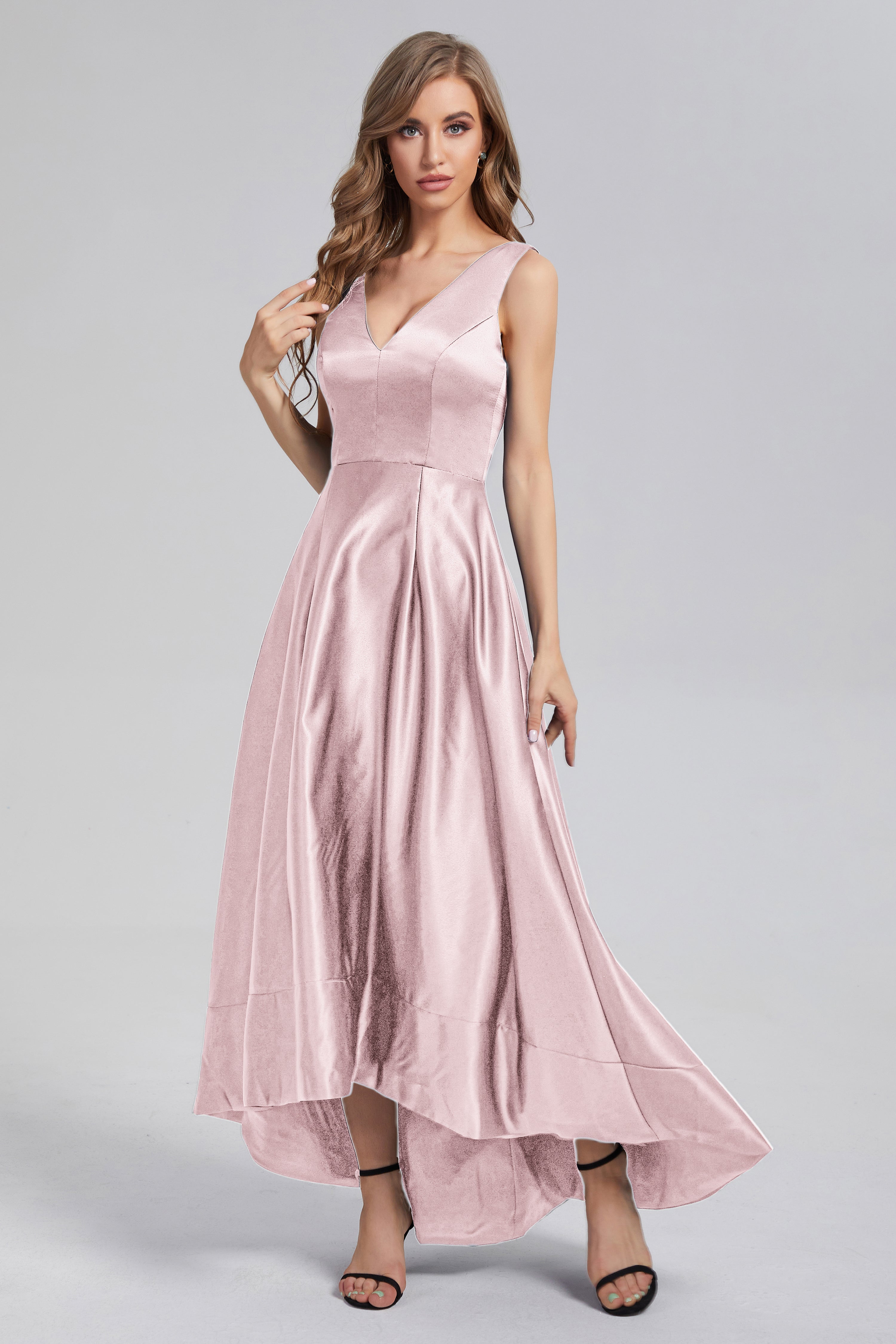 Sleeveless High Low Satin Prom Dresses