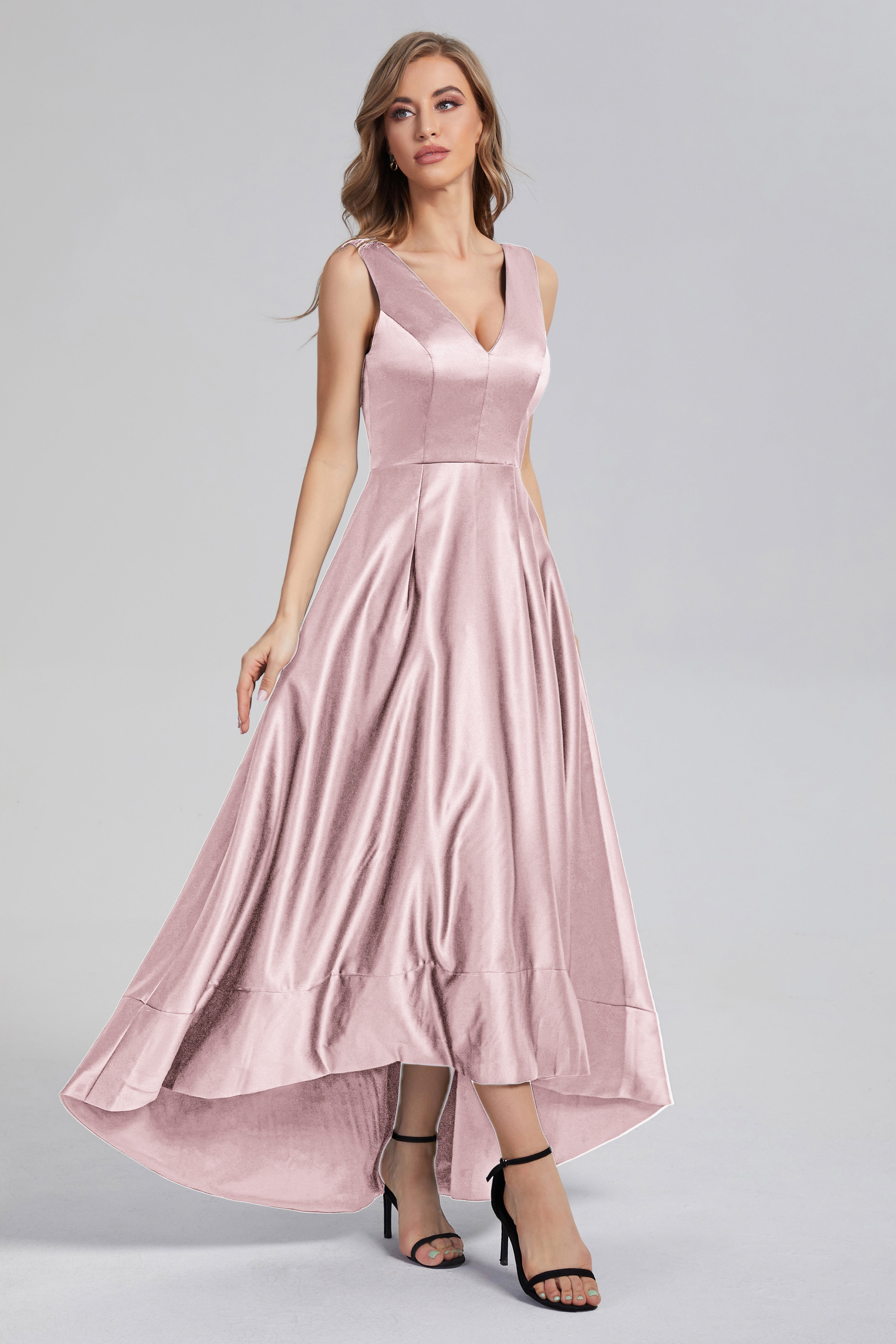 Sleeveless High Low Satin Prom Dresses