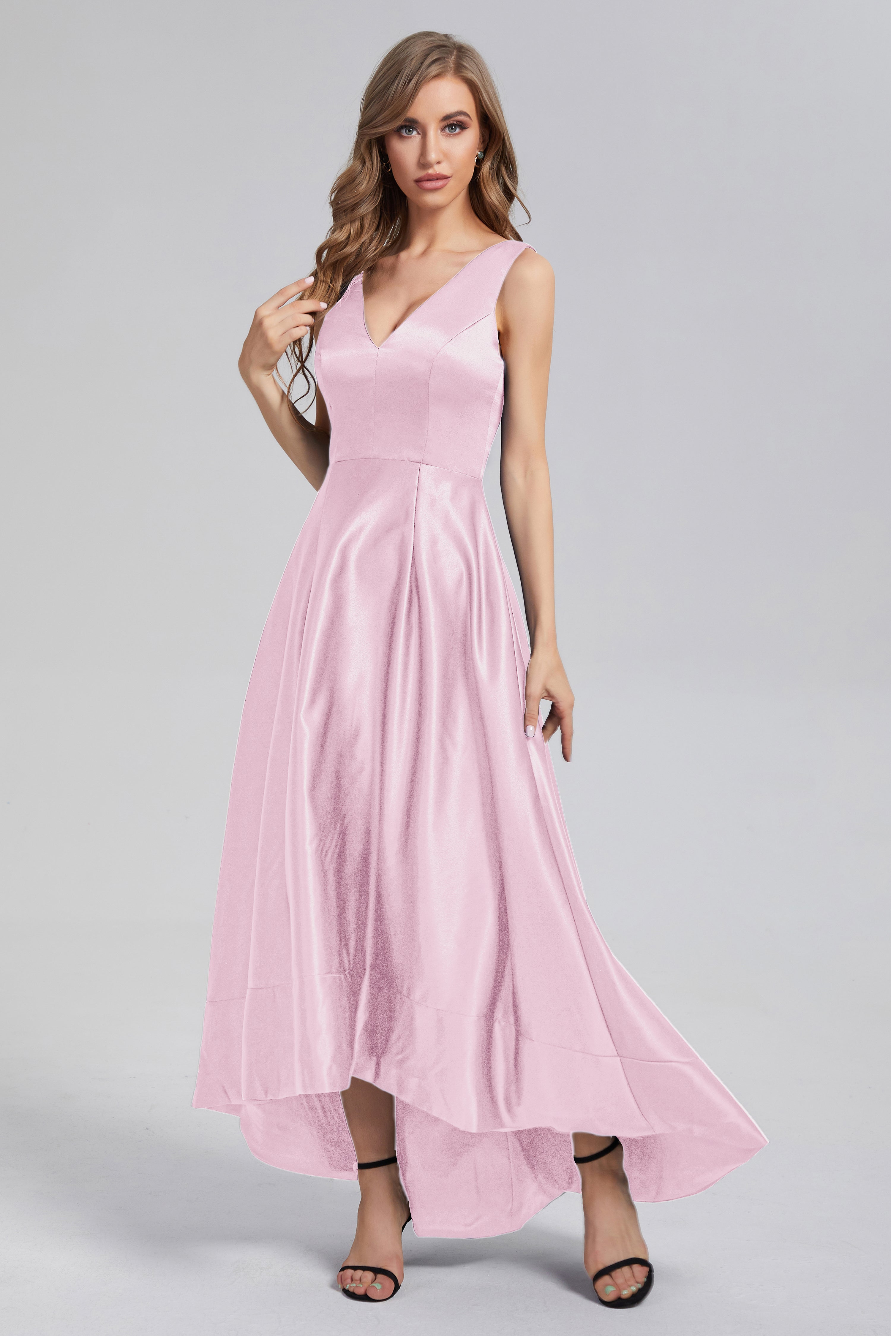 Sleeveless High Low Satin Prom Dresses