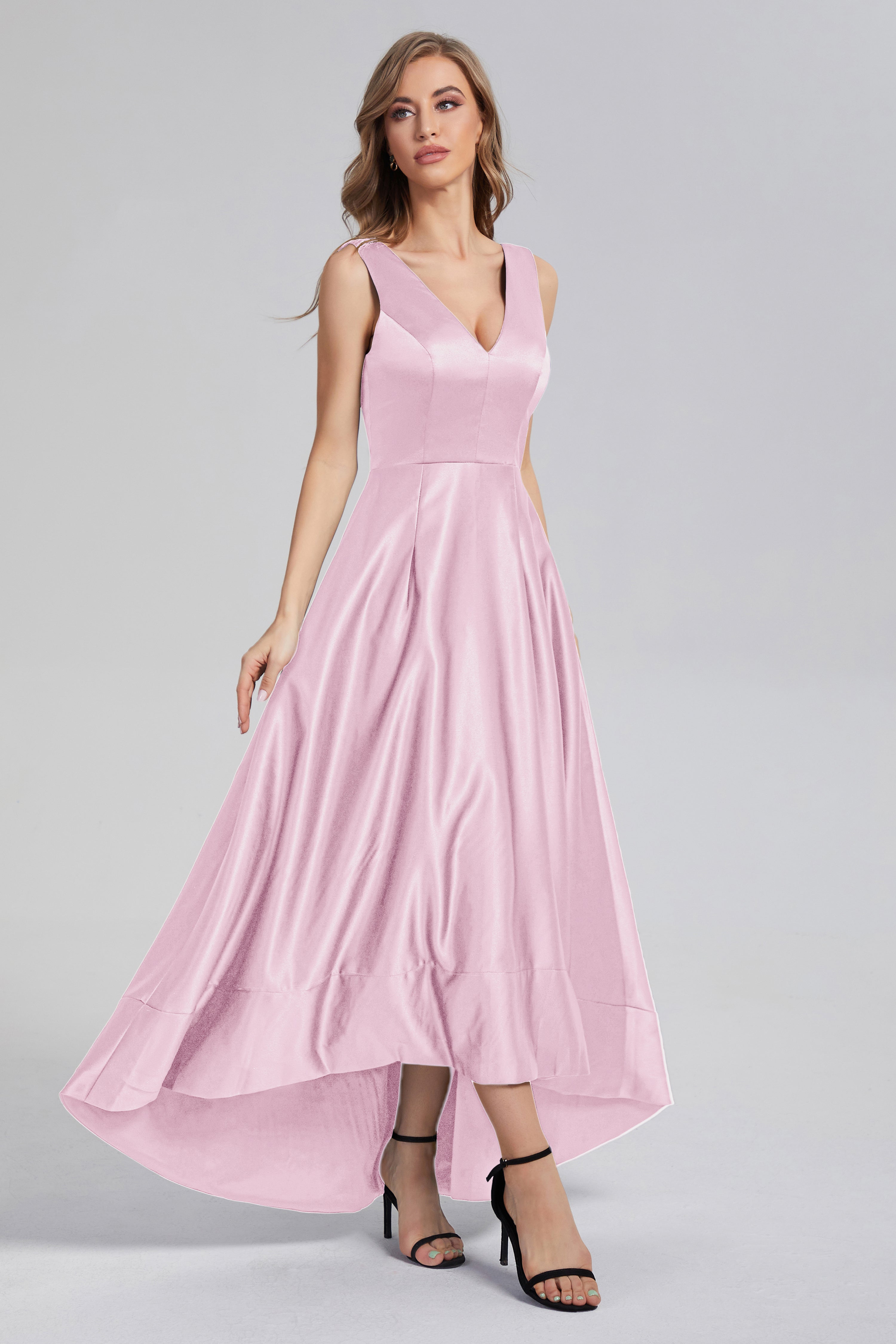 Sleeveless High Low Satin Prom Dresses