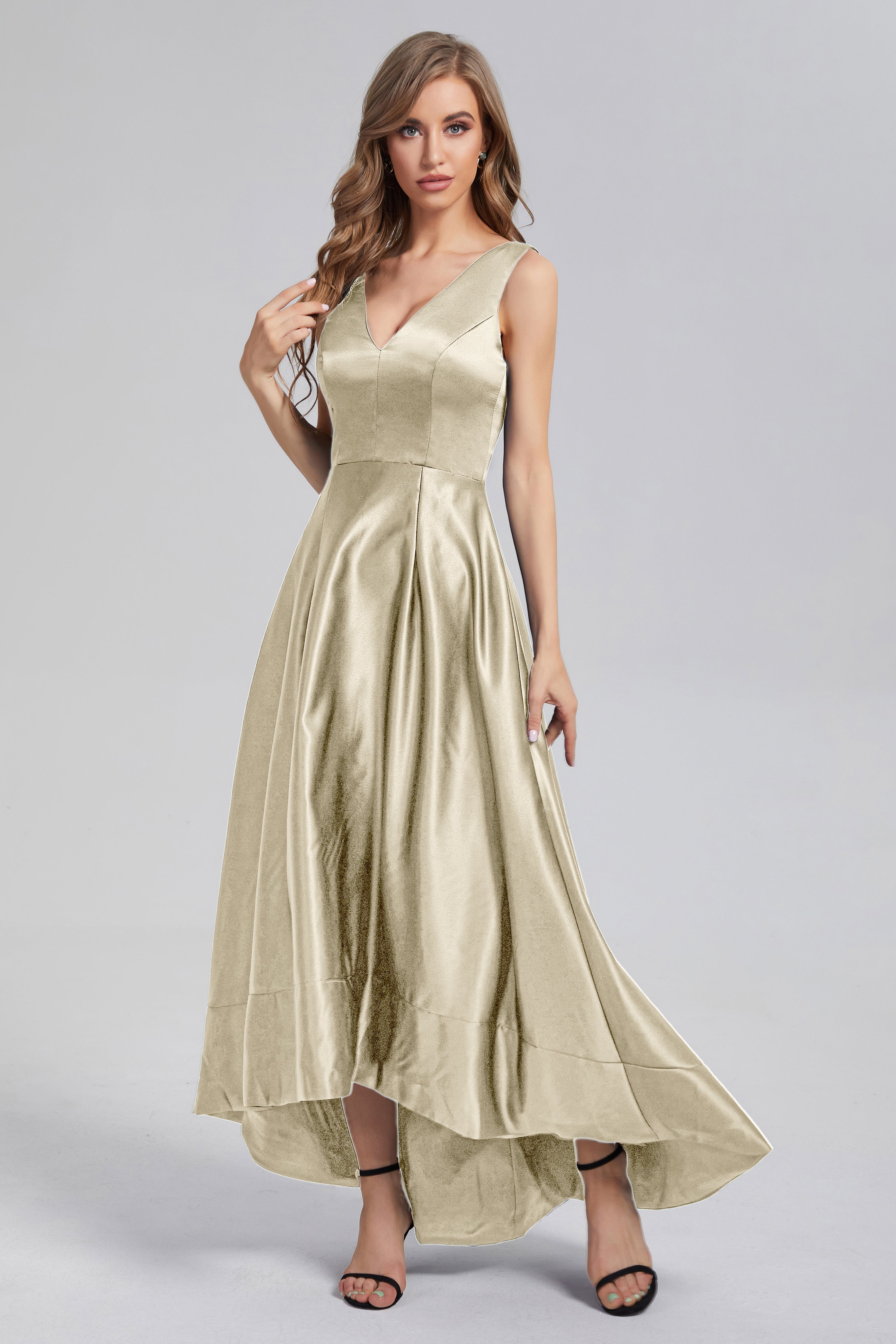 Sleeveless High Low Satin Prom Dresses