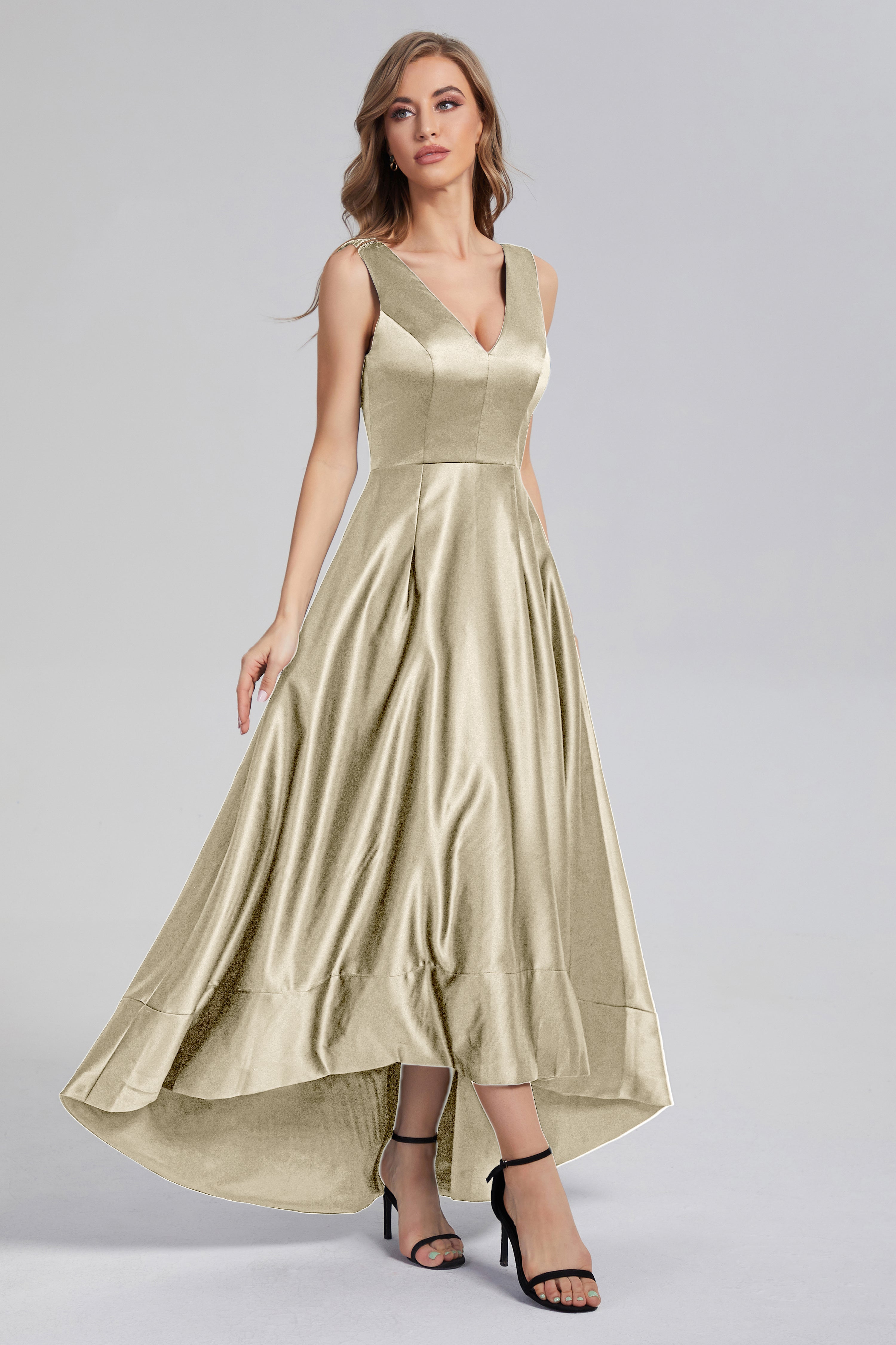 Sleeveless High Low Satin Prom Dresses