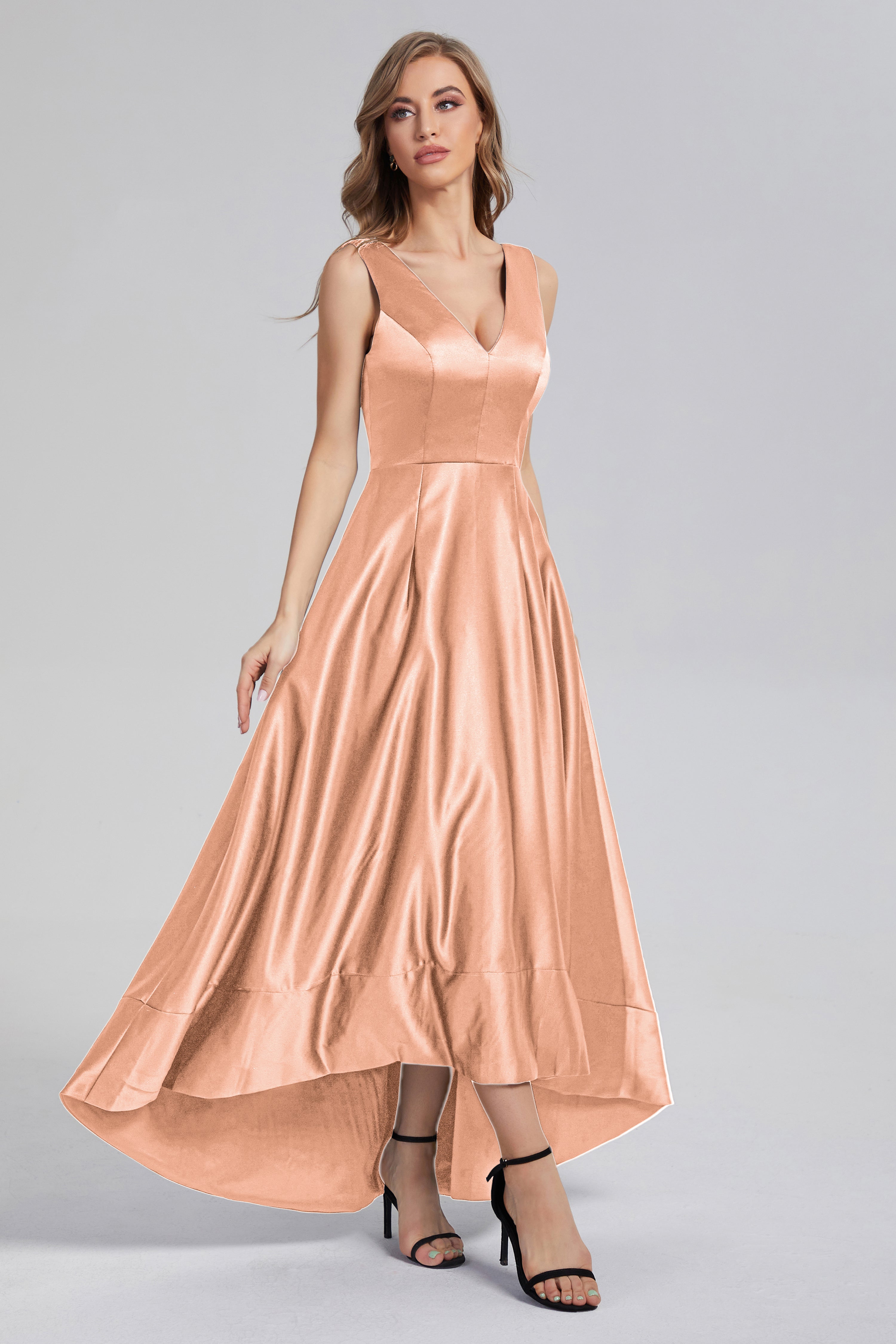 Sleeveless High Low Satin Prom Dresses