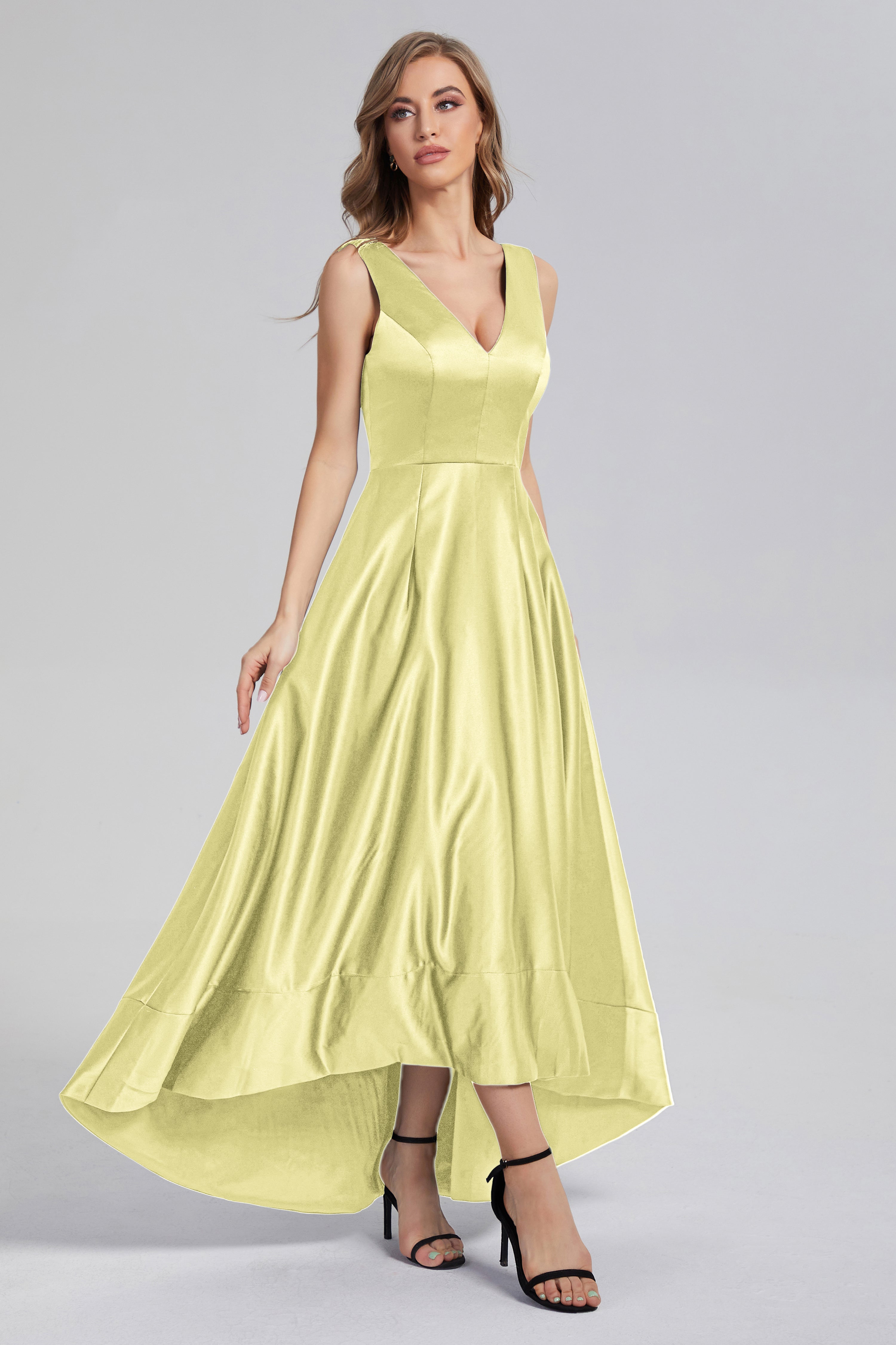 Sleeveless High Low Satin Prom Dresses