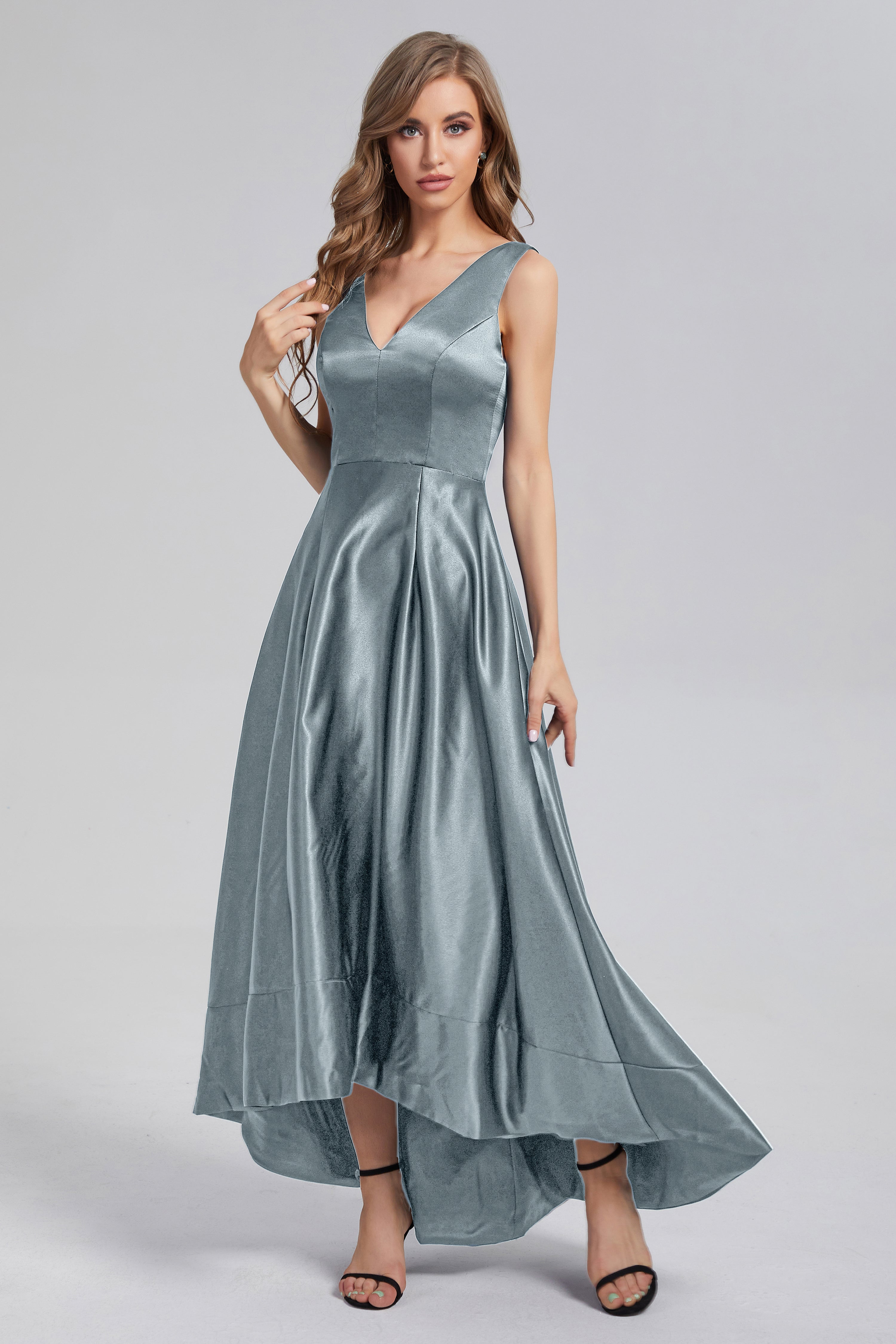 Sleeveless High Low Satin Prom Dresses