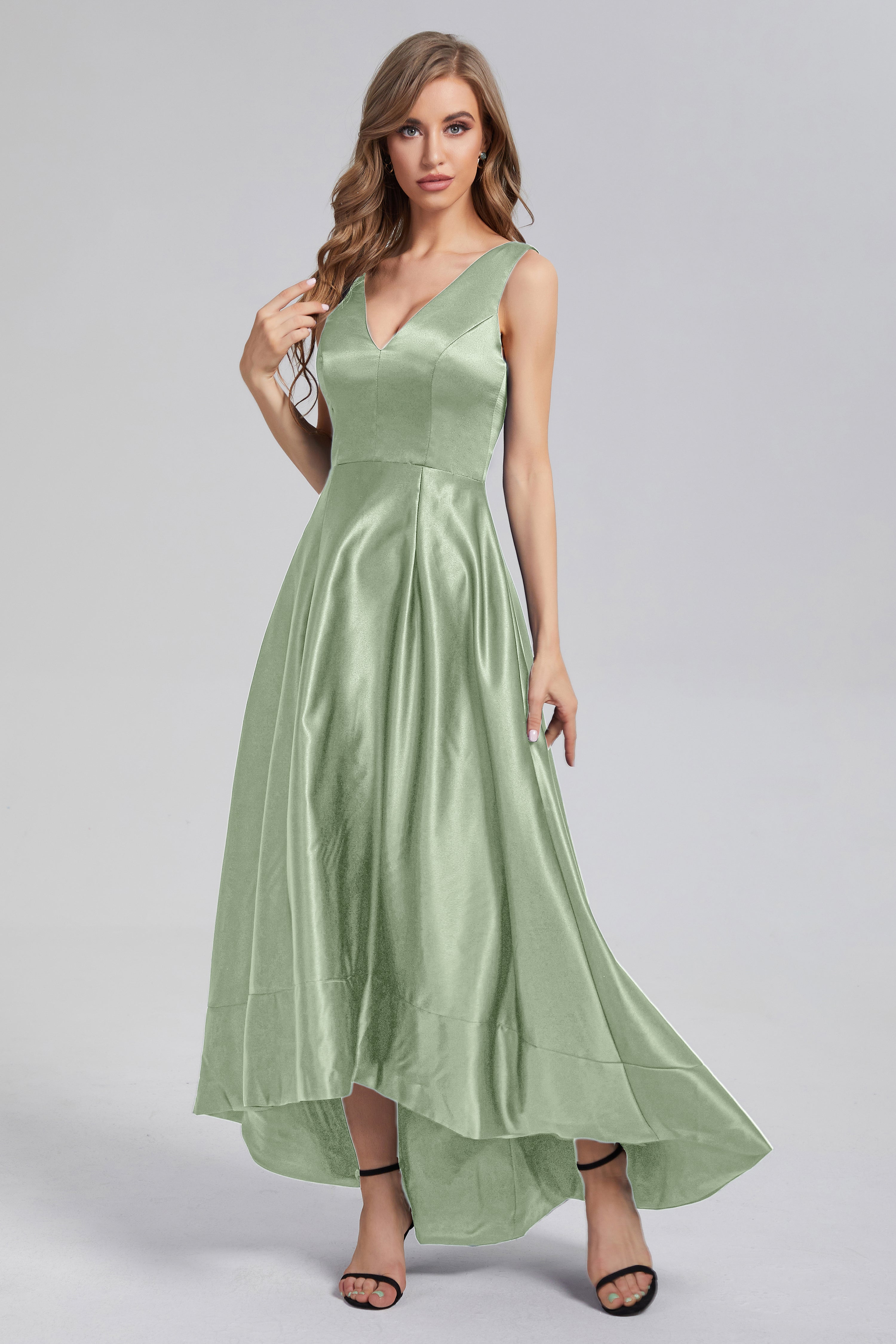 Sleeveless High Low Satin Prom Dresses