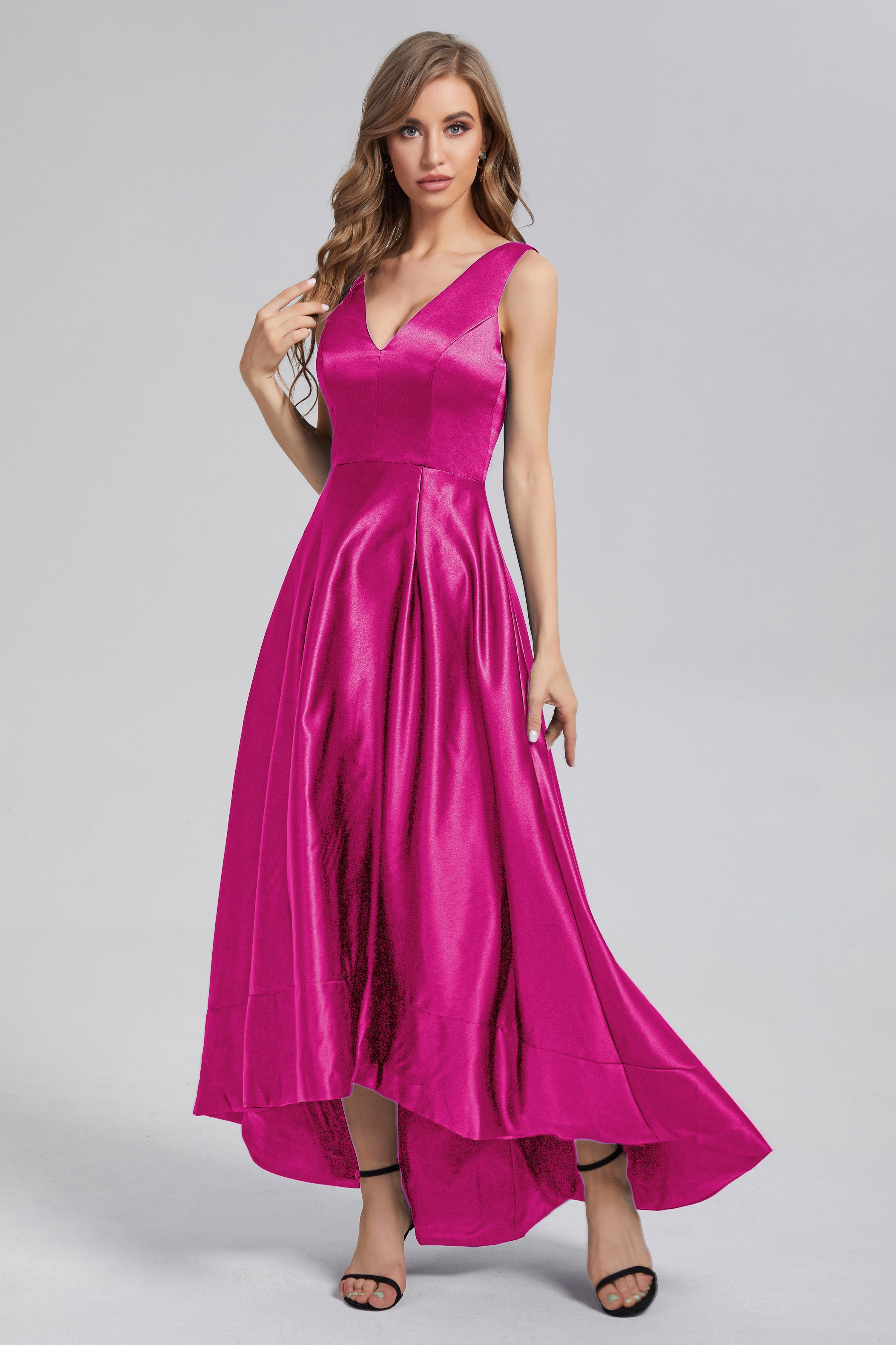 Sleeveless High Low Satin Prom Dresses