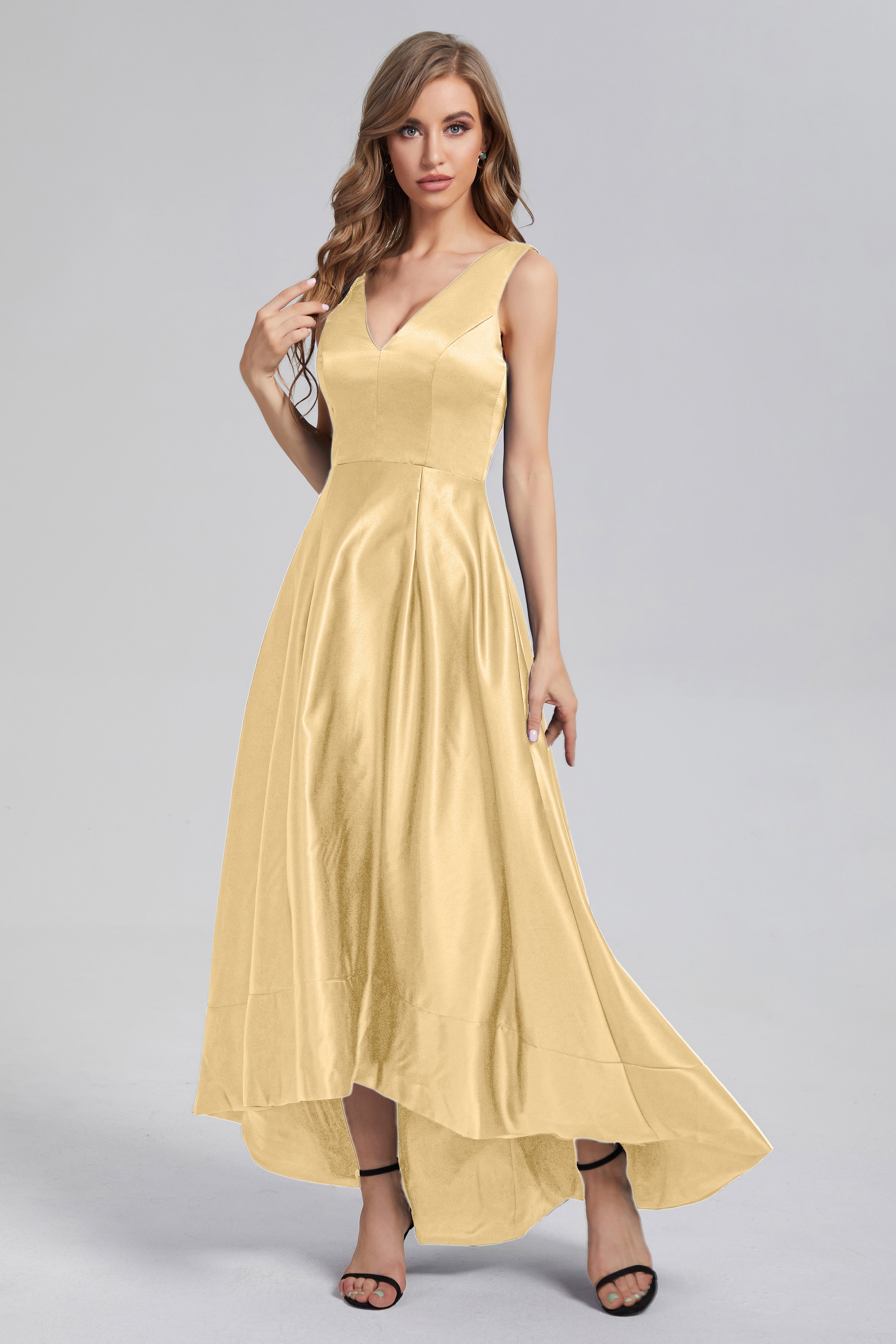 Sleeveless High Low Satin Prom Dresses