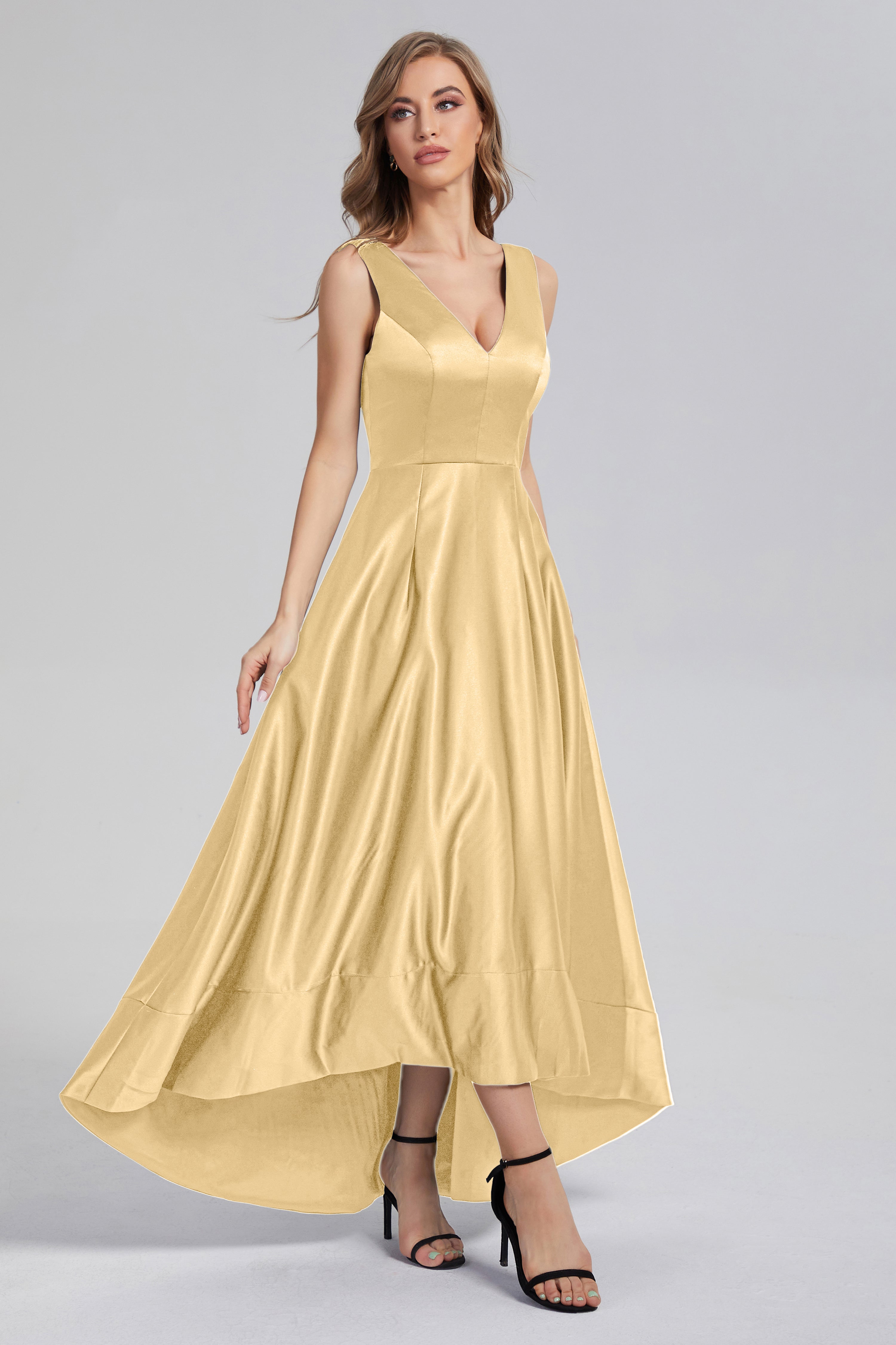 Sleeveless High Low Satin Prom Dresses