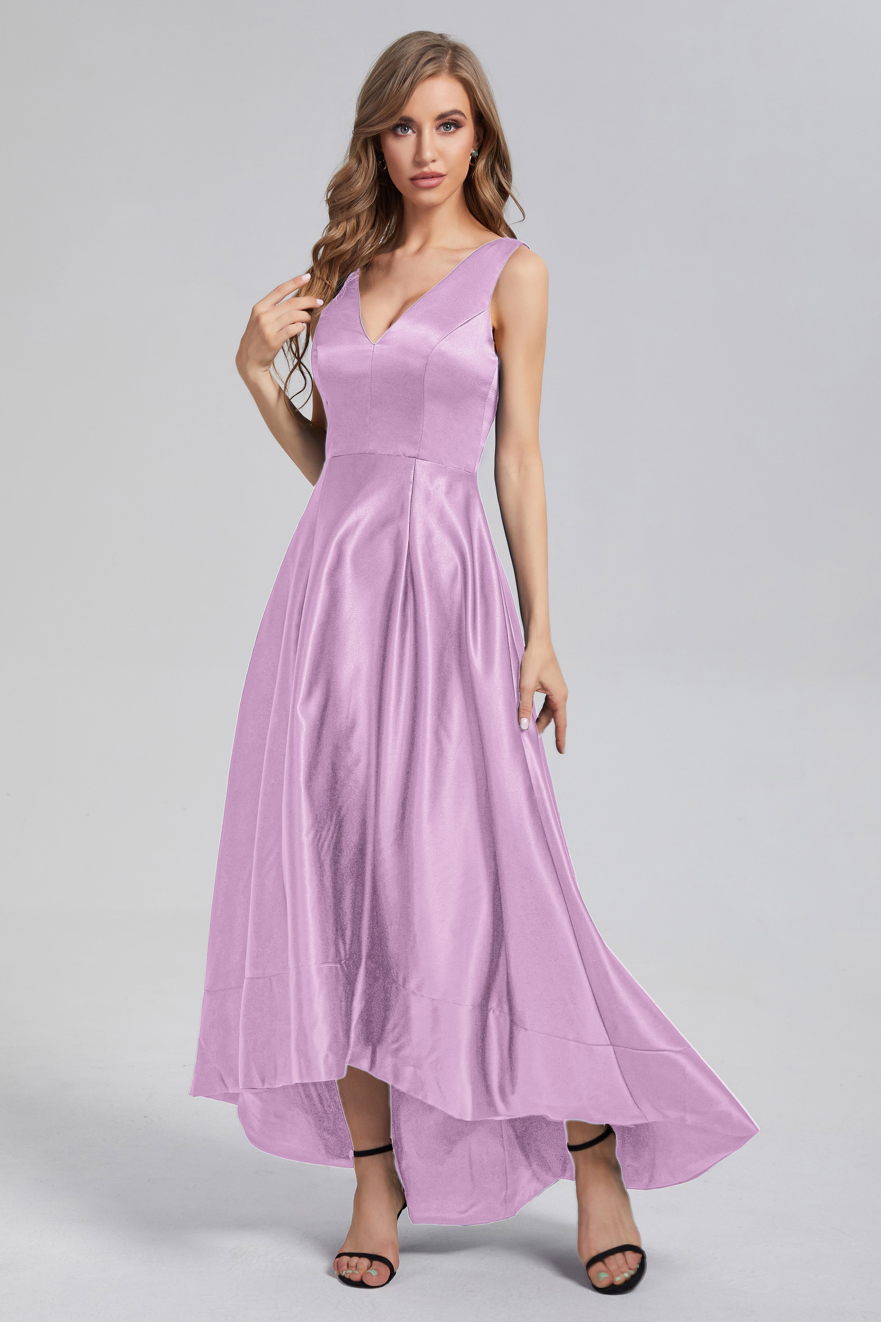 Sleeveless High Low Satin Prom Dresses